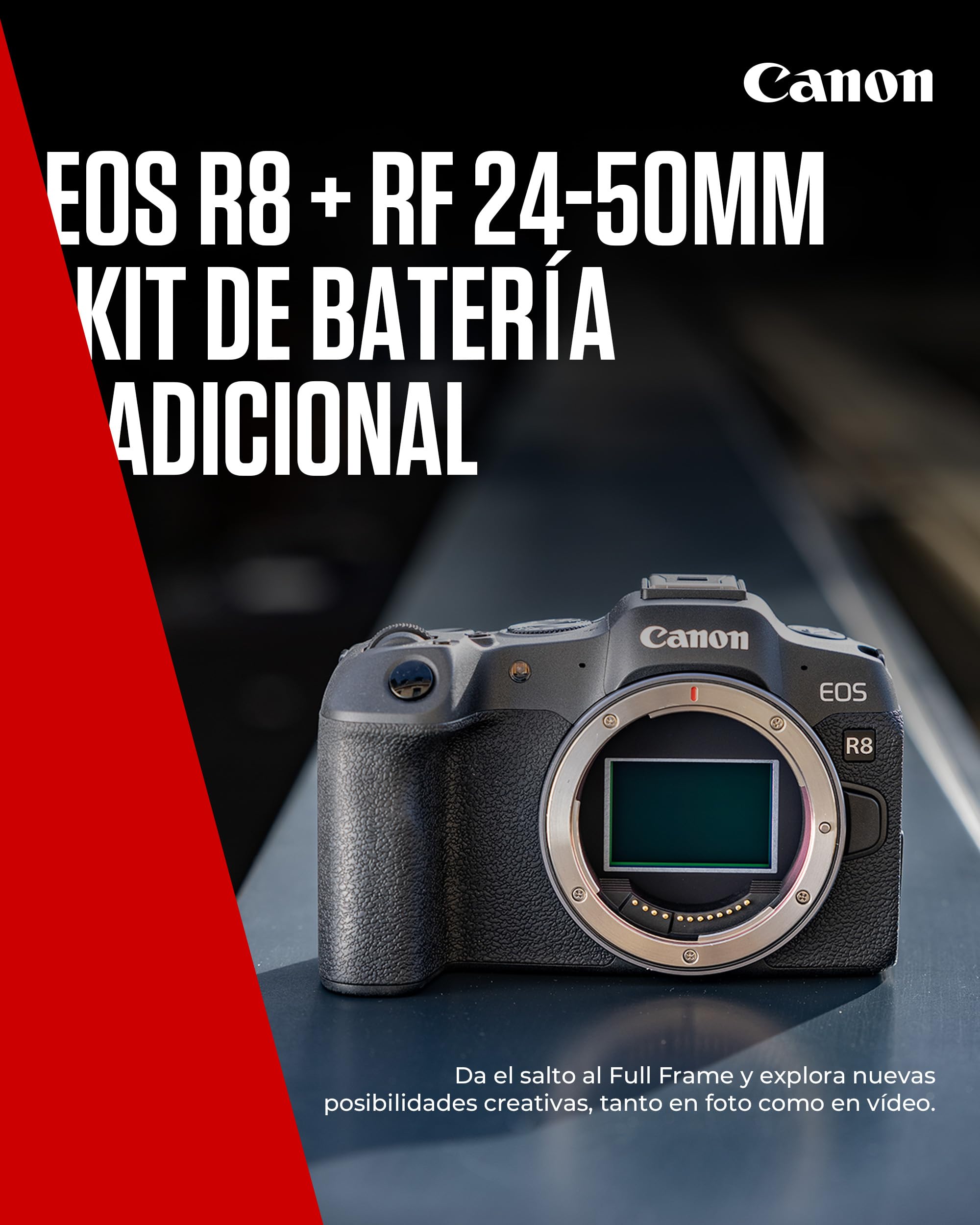 CANON EOS R8 Cámara Mirrorless + Objetivo RF 24-50 mm F4.5-6.3 IS STM + 2X Baterías (Kit de Batería Adicional), Cámara Evil Full Frame (24,2 MP) -6.5 EV, Vídeo 4K 60 fps, Dual Pixel CMOS AF II, Negro