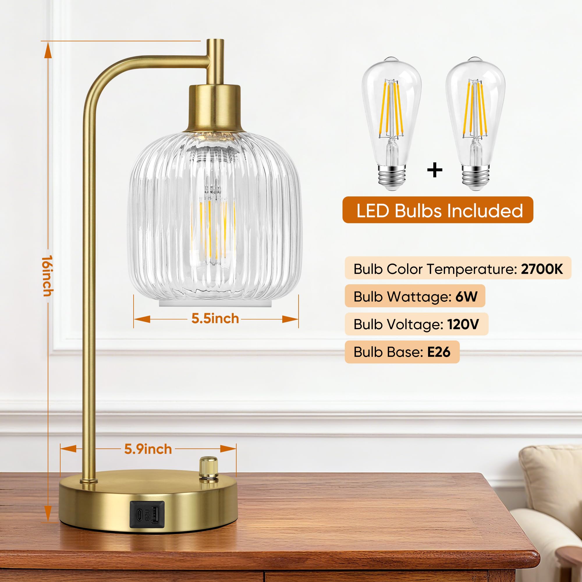 QiMH Industrielle Tischlampe für Schlafzimmer, 2er-Set, klares Glas mit USB-A- und C-Anschlüssen, stufenlose dimmbare Goldlampen, Nachttischlampen für Wohnzimmer, Büro, Heimdekoration (Leuchtmittel im