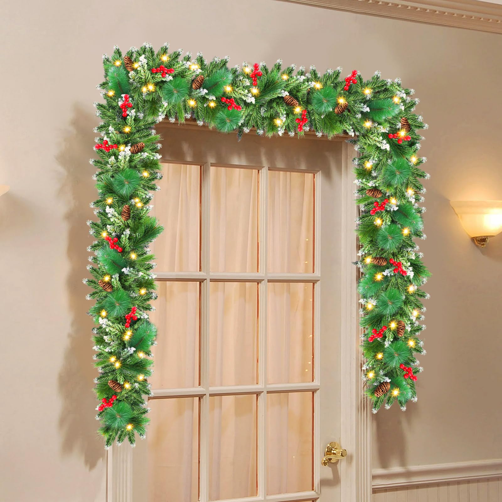 Ghirlanda Natalizia, 2.7M/9 FT Ghirlanda Natalizia per Porta, Ghirlanda Natale con 50 Luci, Ghirlanda di Natale Decorazioni Artificiale per Porta, Scale, Camino, Finestra, Giardino, Interni ed Esterni