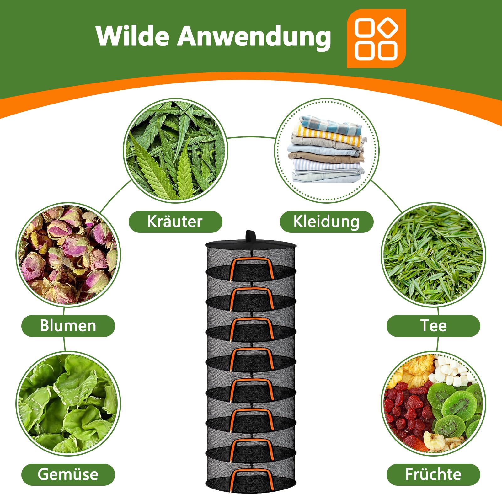 Desy & Feeci 8-lagiges Trockennetz für Kräuter, Blumen, Tee & mehr – Kräutertrockner mit Reißverschluss, Edelstahlring & Haken – Ideal für Grow, Pflanzen – Platzsparend & Multifunktional