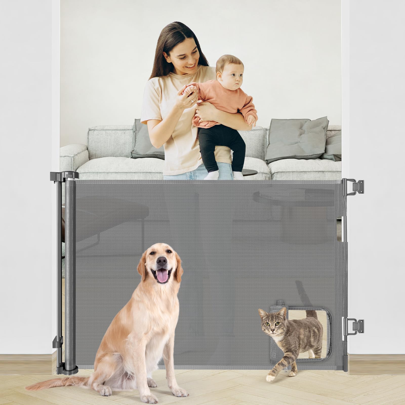 Retractable Baby Gate with Pet Door (55” Wide x 35” Tall) Retractable Dog Gate with Cat Door Indoor Outdoor Mesh Pet Gate for Cats/Puppy/Doggy/Toddler, Cat Safety Gate for Stairs and Doorways(Grey)