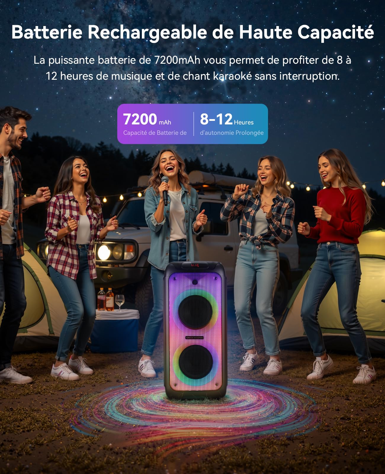 GKD80 Machine de Karaoké pour Adultes avec 2 Microphones UHF Sans Fil, Enceinte Bluetooth de 600W (2 Subwoofers de 8"), Haut‑Parleur Portable pour Fêtes avec Télécommande et Roulettes, Idéal les Fêtes