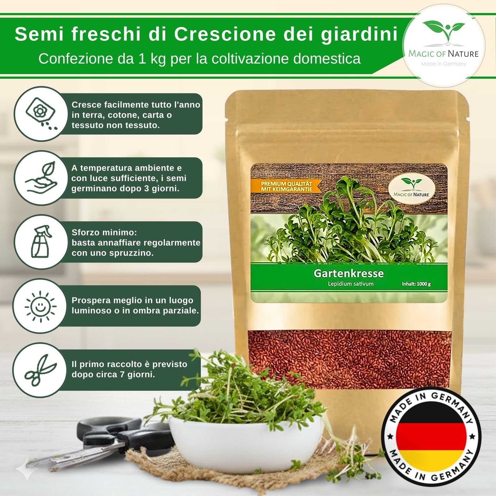 1kg Semi di Crescione – Sana Alimentazione Vegana – Sementi di Crescione Inglese Formato Scorta Freschi & Alta Germinazione – Lepidium sativum