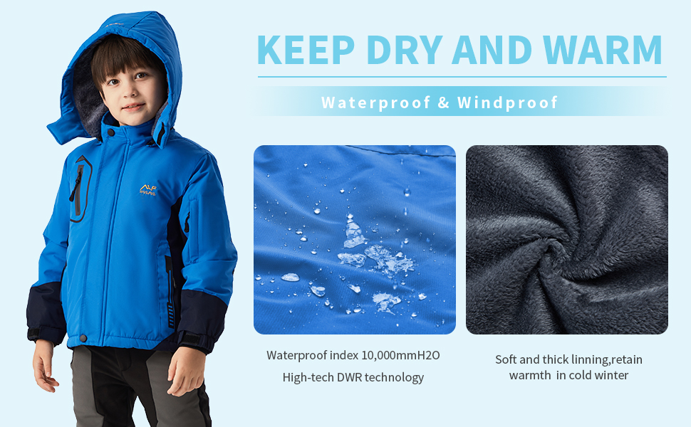 Amazon.com: WULFUL Boy's Waterproof Ski Jacket Warm Fleece Hooded
