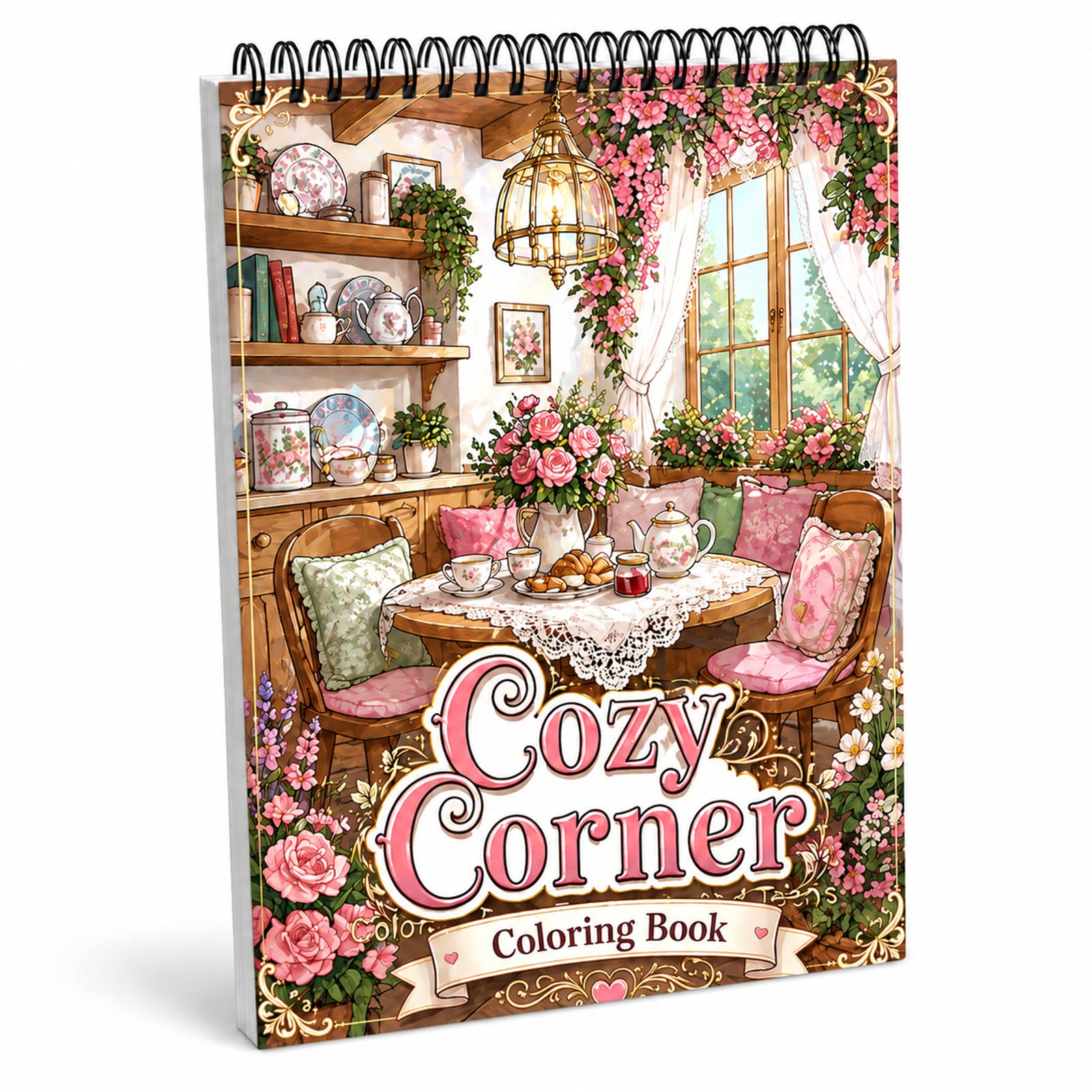 Colouring Book Cozy Home Spaces – 46 Single-Sided Pages, Spiral Bound, 8 x 12 Inches, for Adults and Teens, Relaxation and Stress Relief Activity for Women, Mindfulness & Stress Relief Pages