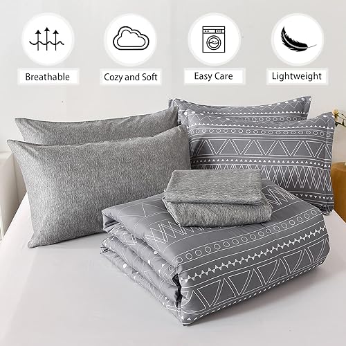 Miniatura 7 de WONGS BEDDING Juego de edredón bohemio gris de 7 piezas, tamaño King, color gris oscuro, textura geométrica, edredón reversible de microfibra suave