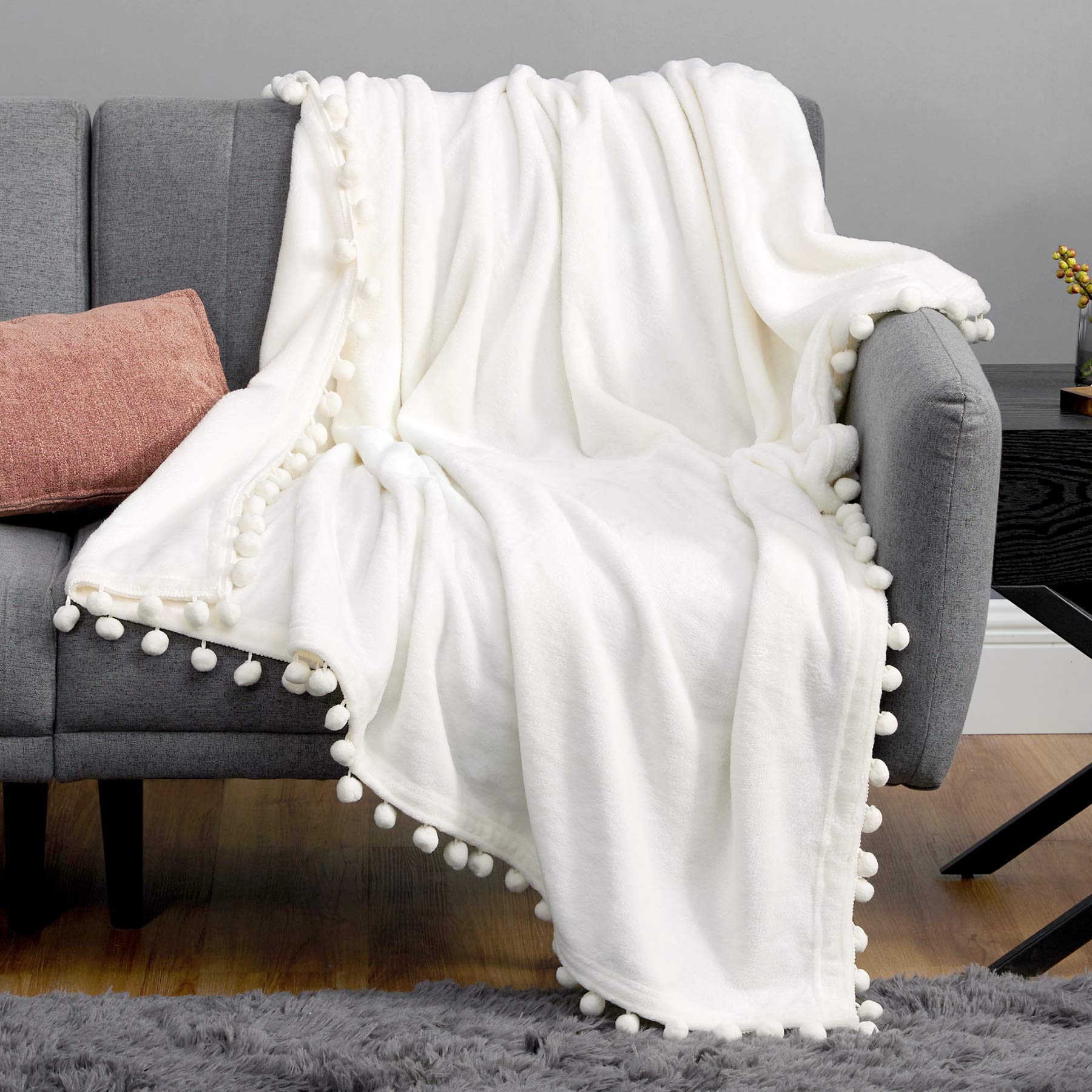 Bedsure Fleece Throw Blanket Pom Pom Blankets - Cream Throw Blanket for Couch - Cute Cozy Plush Throw Blanket (Cream , 50"...