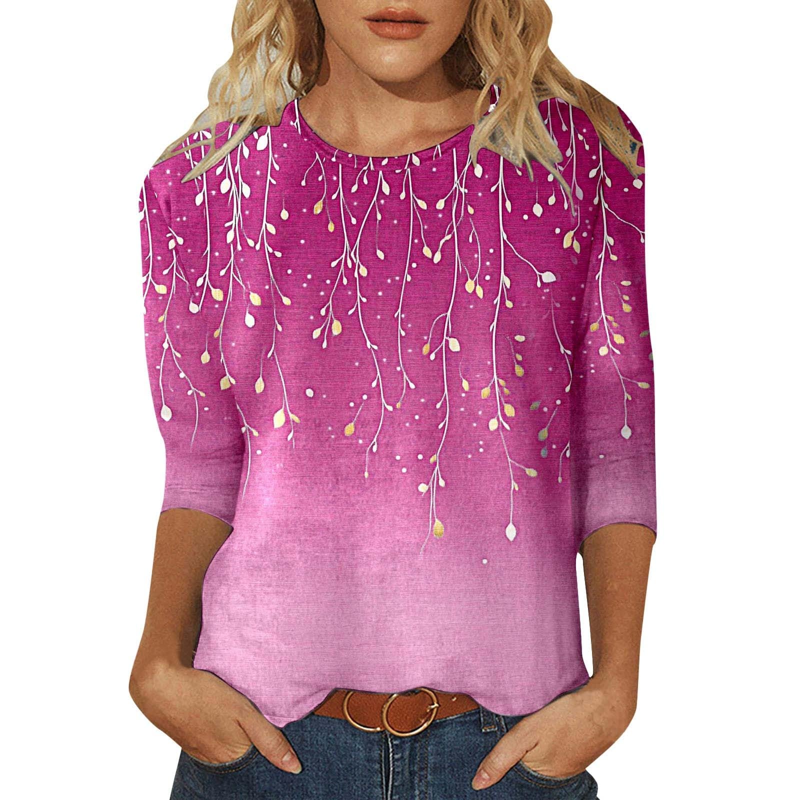 Women Fashion Print Casual Point Sleeve Round Neck T Shirt Top Womens Large Knit Tops (XL)