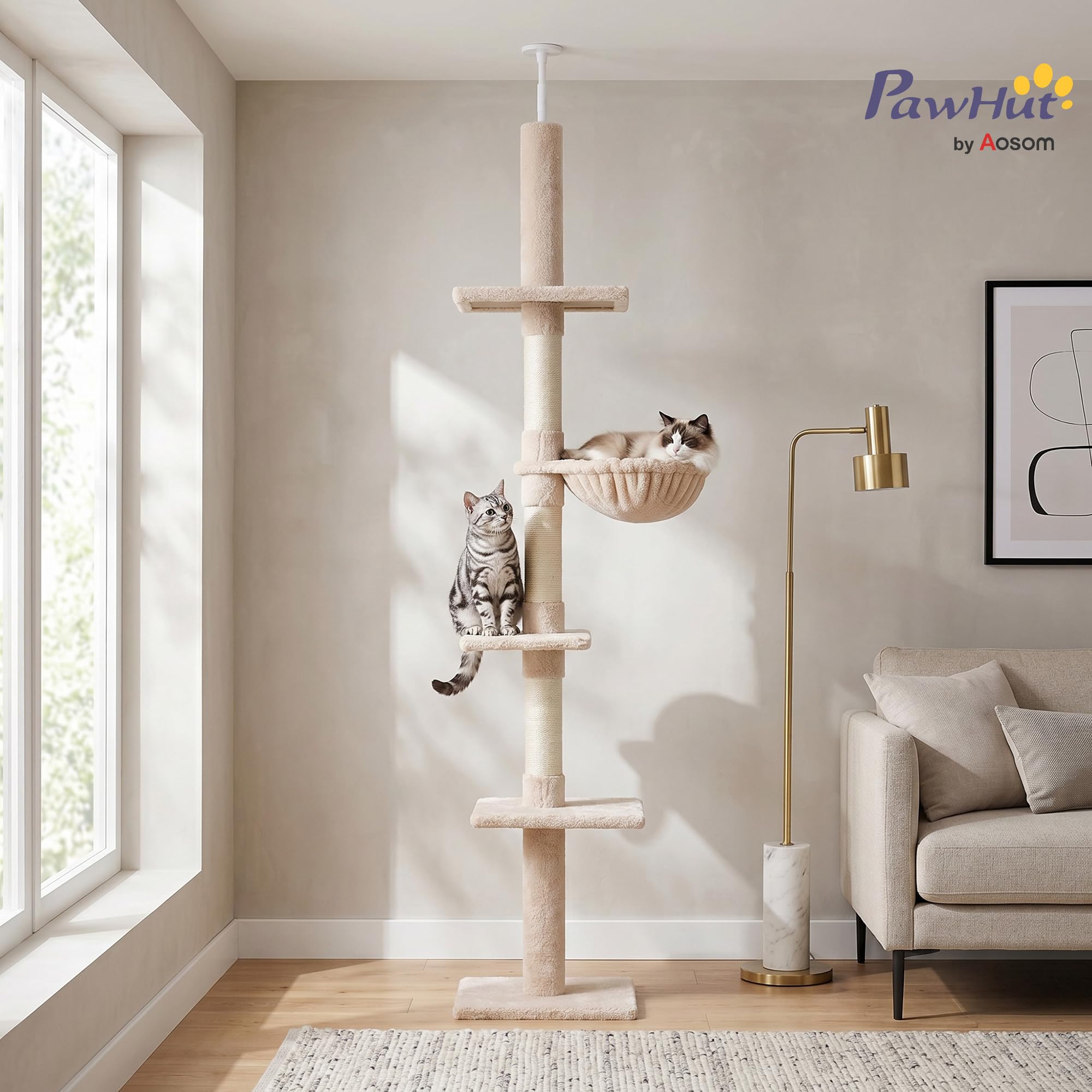 PawHut Árbol para gatos Torre Rascador de Gato de 5 Niveles Fijado al Techo Ajustable en Altura con Múltiples Plataformas Cubierta de Felpa Suave 40x34x230-260 cm Beige