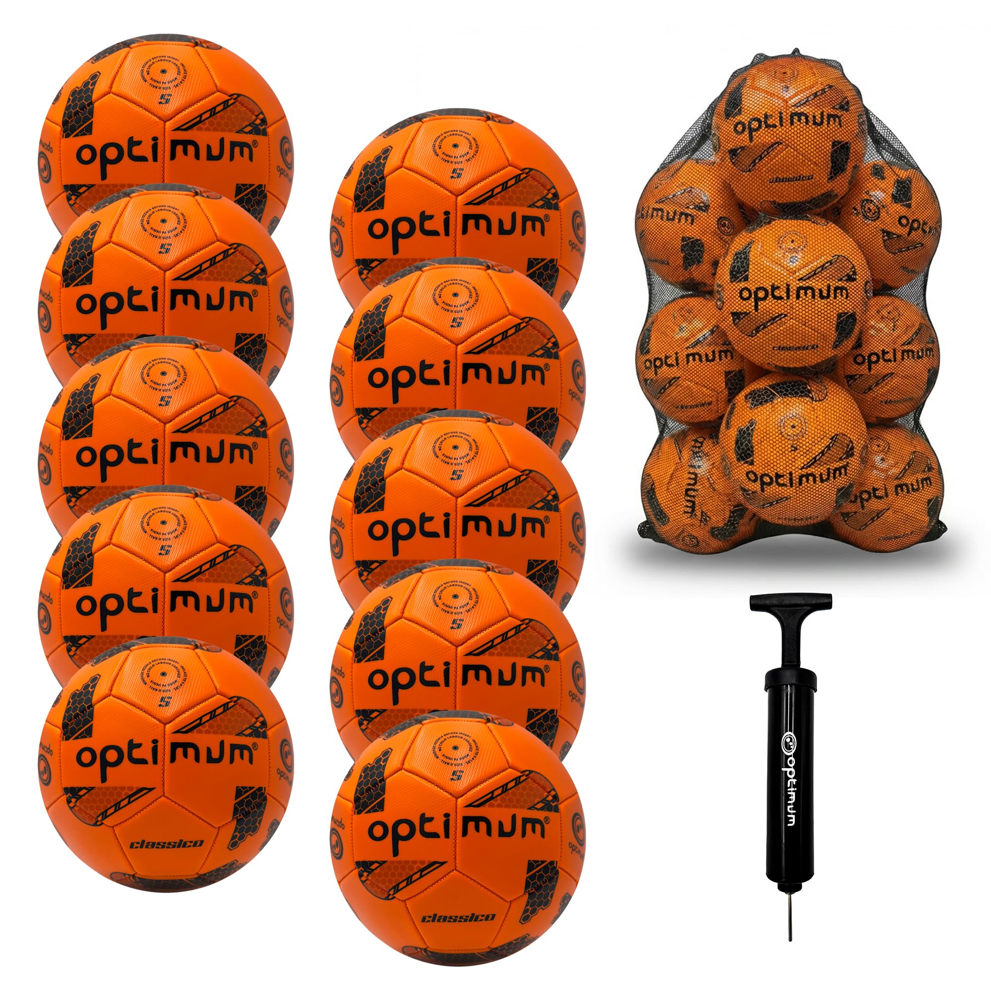 Optimum Sport Classico Football Bulk Pack with Bag & Ball Pump for Indoor/Outdoor Training & Matches, Durable Valve for Consistent Flight & Lasting Air Retention – 10 Pack, Size 3, Orange