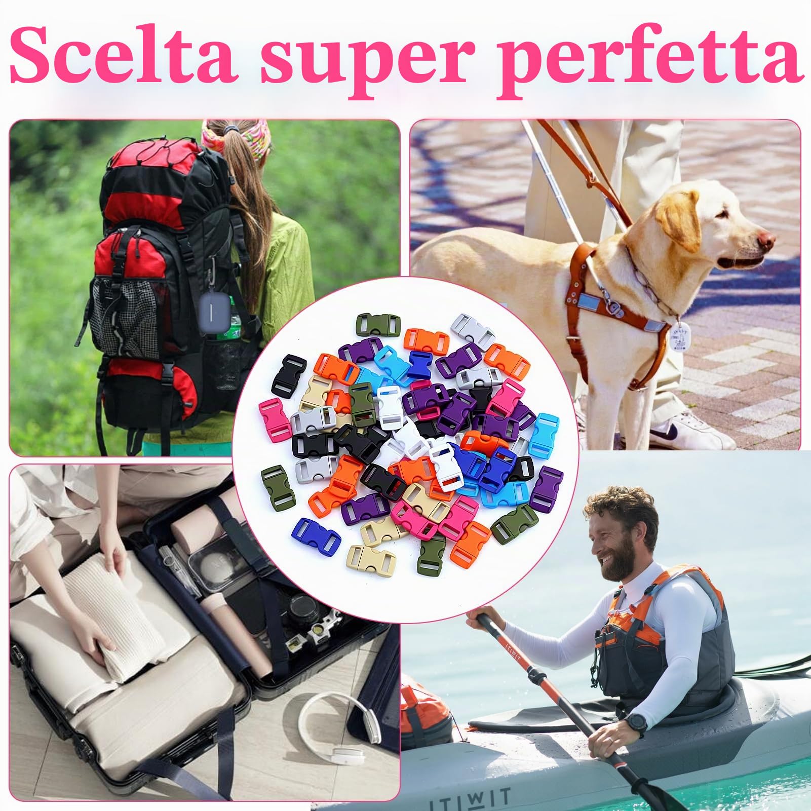 50 Pezzi Fibbie Plastic 10 mm,Laterali in plastica a sgancio rapido Mini Fibbie 3/8 Pollice,Multicolore Chiusure a Sgancio Rapido, Doppia Clip Fibbie Plastica,per Valigie,Cinghie
