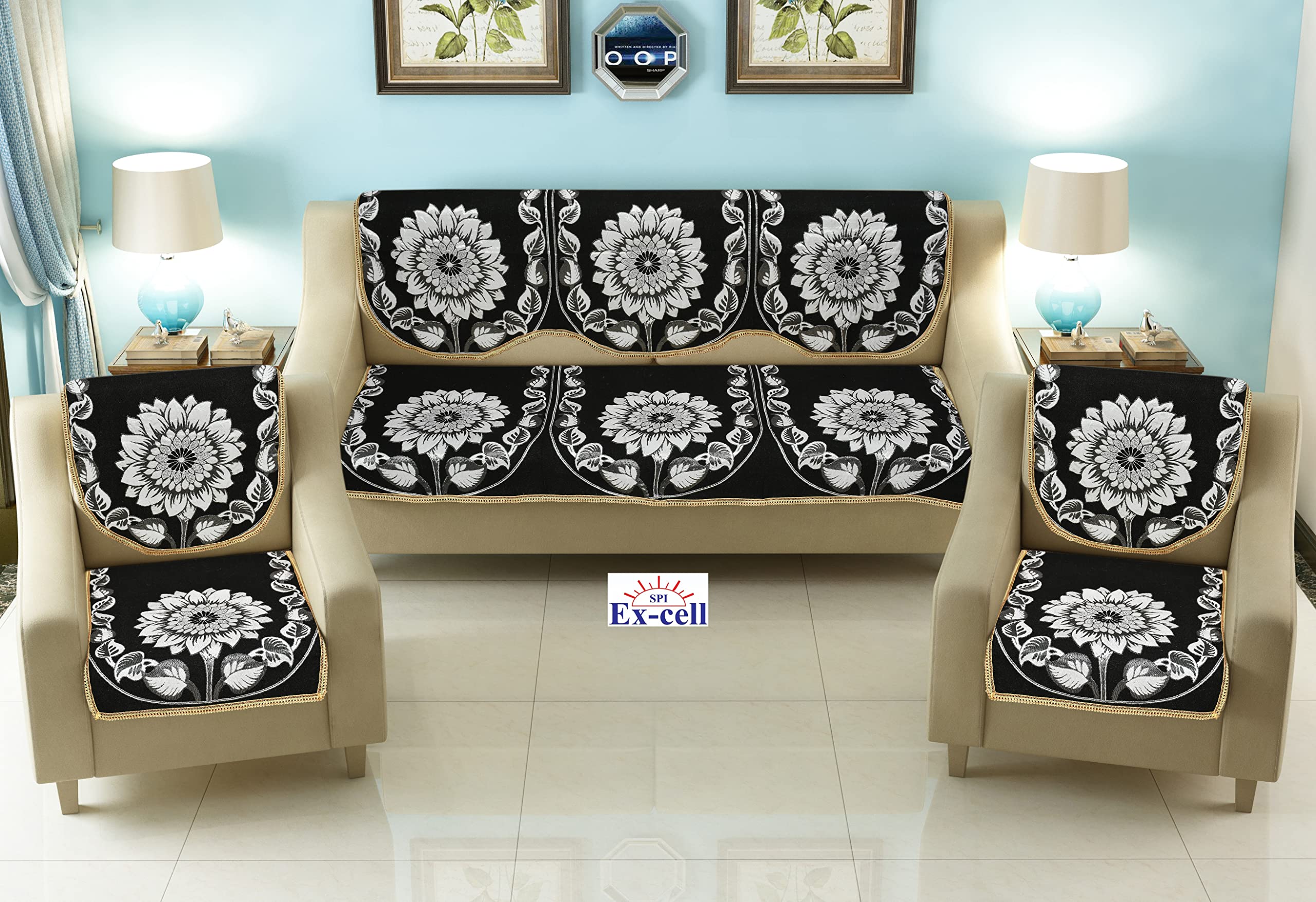 Excell loomtex Presents P_24 Black Exclusive Royal Look Velvet Sofa Cover Set of Heavy Fabric 500 TC Floral Design 5 Seater Sofa Cover -| Set of 10 Piece |-image-42
