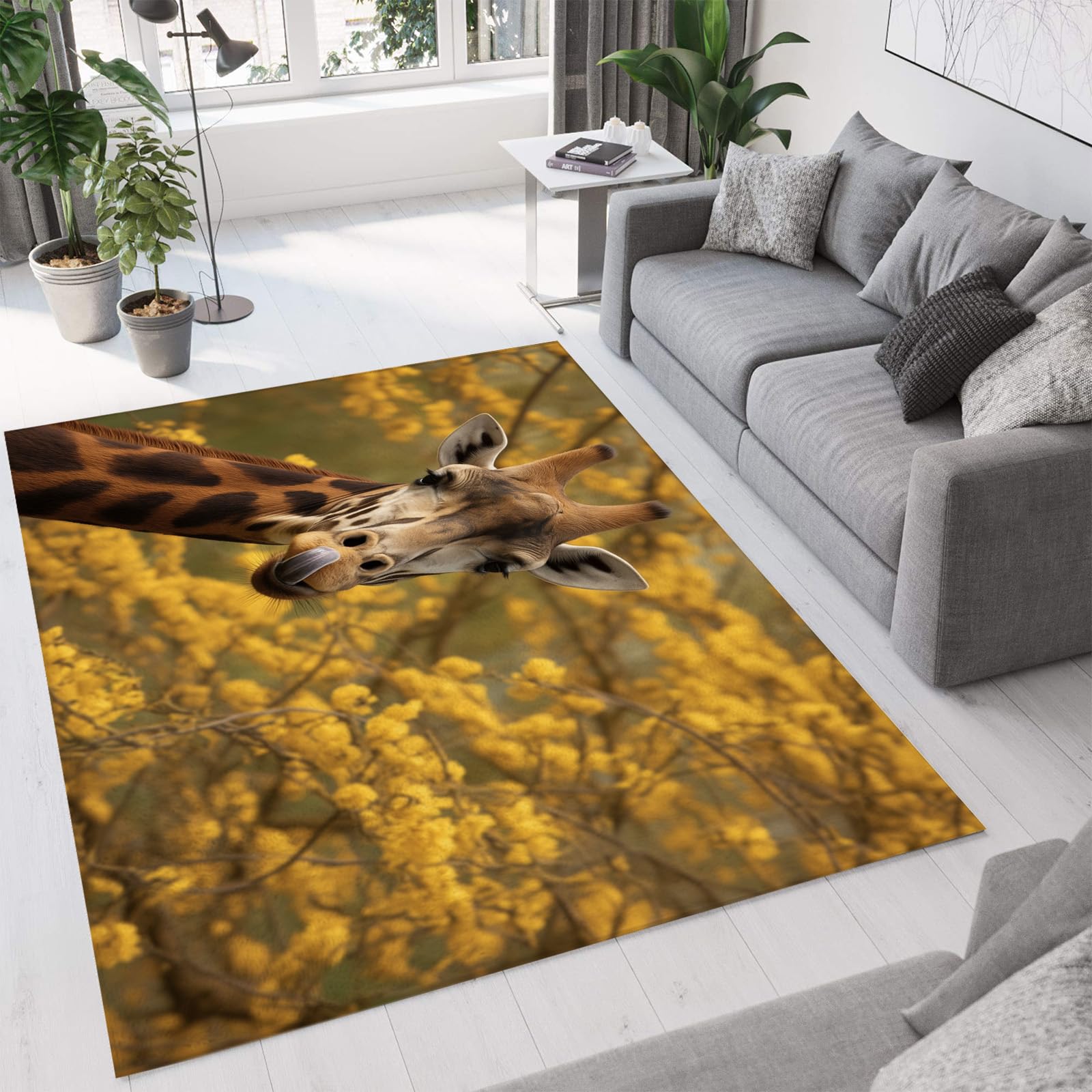 Tapis de salle à manger 120x180 cm décor girafe jaune