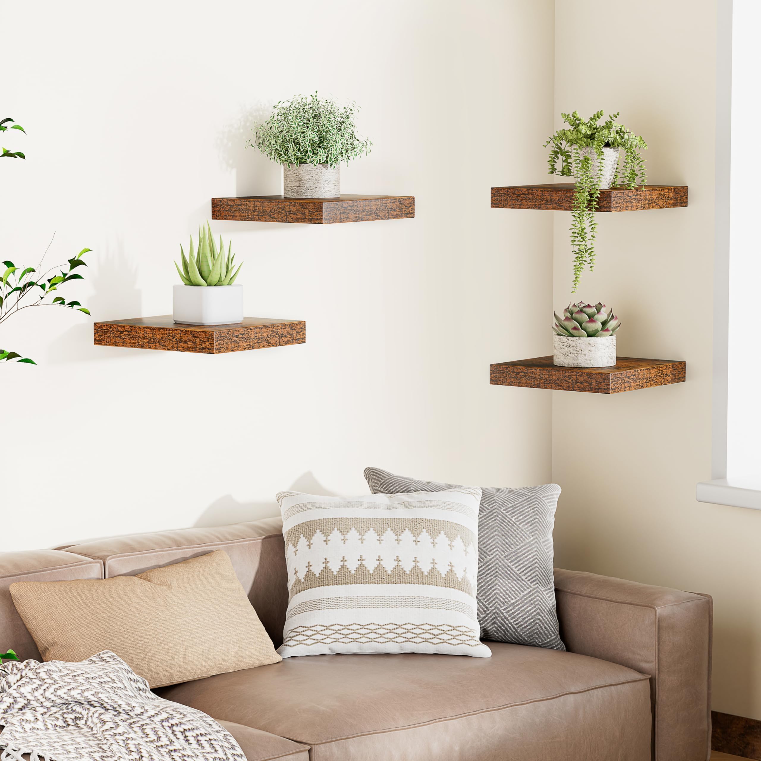 Étagères Murales Flottantes Lot de 4 (25 x 25 x 3,8 cm) | Étagère en Bois avec Fixation Invisible, pour Salle de Bain, Chambre, Cuisine, Toilettes, Salon et Livres (Marron)