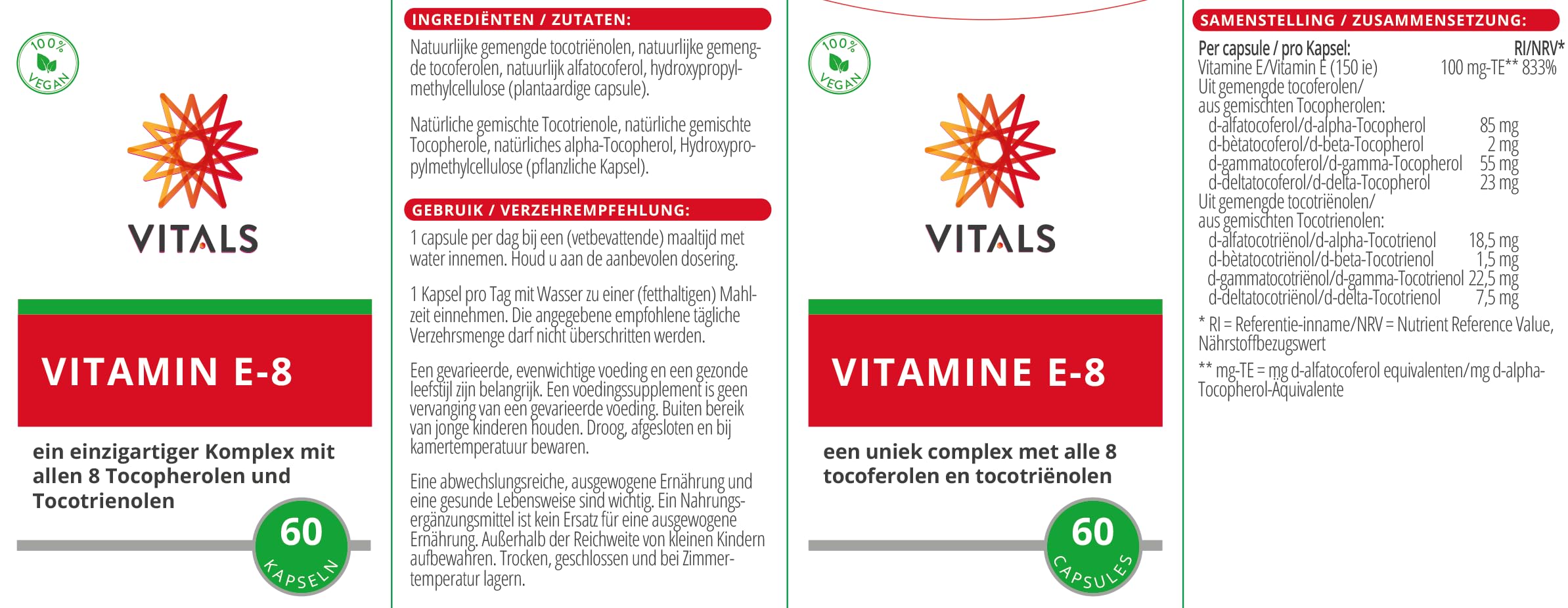 Vitals - Vitamin E-8, 60 Kapseln. Ein Einzigartiger Komplex mit allen 8 Tocopherolen und Tocotrienolen. Enthält nur die besten natürlichen Formen.