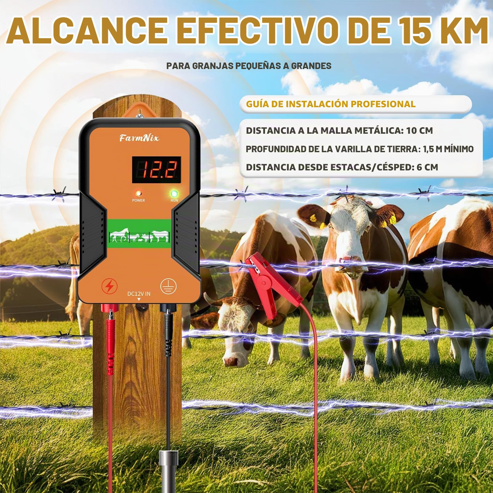 Pastor eléctrico de 15KM, controlador de cerca eléctrica 2J / 12KV | fuente de alimentación enchufable para prevención de vida silvestre, granjas, aves de corral y jardines