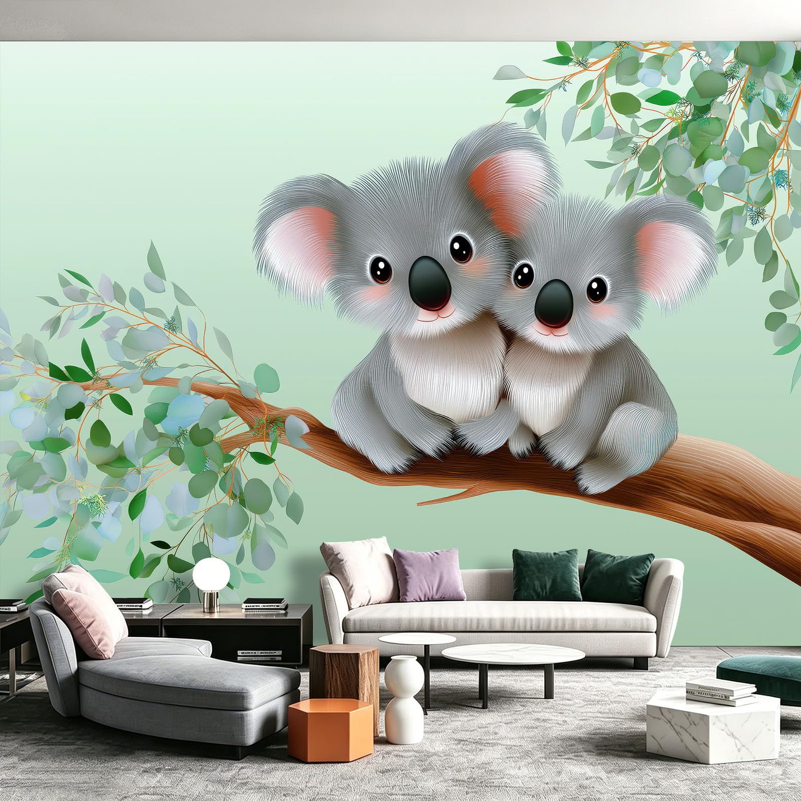 Mural de pared con diseño de rama de koala, póster decorativo para pared, diseño de mascotas lindas, arte de naturaleza, papel pintado fotográfico para sala de estar o dormitorio, 200 x 140 cm (ancho