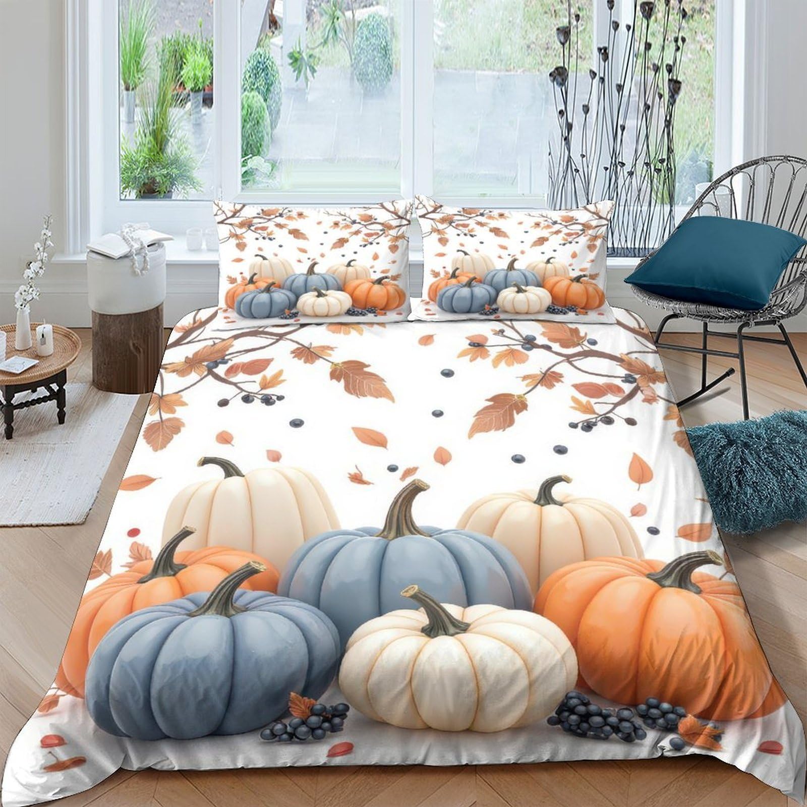 GPLZQXKJNH 3D Printed Pumpkin Autumn Leaves Duvet Cover Set Microfiber Soft Breathable Fall Bedroom Bedding with 2 Pillowcases Single（135x200cm）