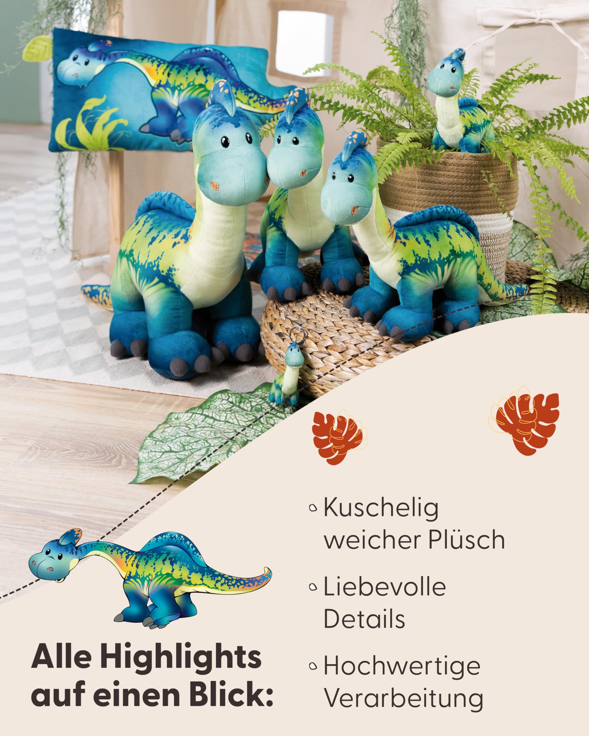 Kissen Dino Snackilus 43x25cm - blau - Flauschiges Kuscheltierkissen für Jungen, Mädchen, Babys und Kuscheltierliebhaber, ideal für Zuhause, Kindergarten oder unterwegs | 61575
