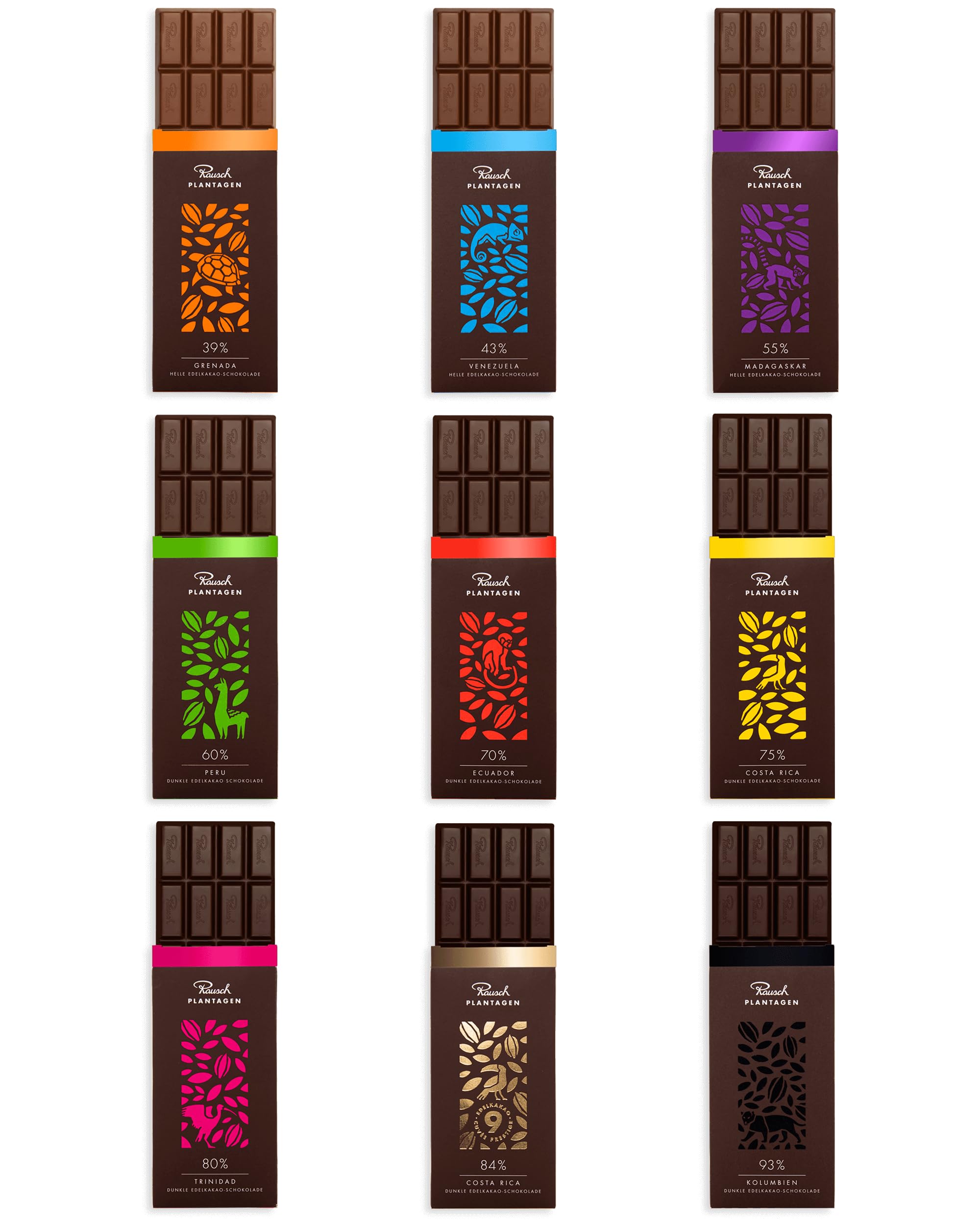 Rausch Edelkakao Schokolade Set – 9 Tafeln helle und dunkle Schokolade (je 125 g) – Schokolade Geschenk – vegane Zartbitter Schokolade und Vollmilchschokolade