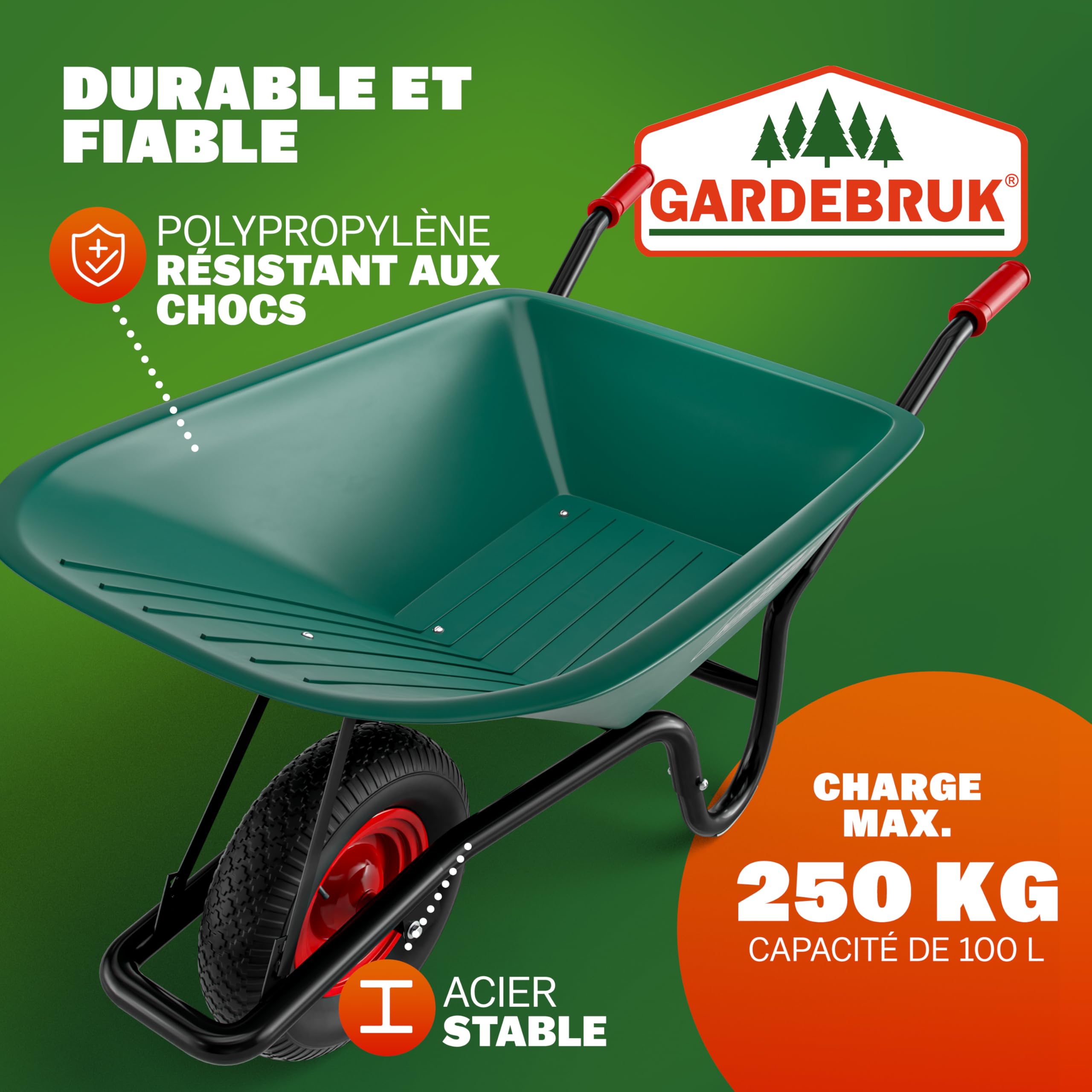 GARDEBRUK® Brouettes Wheelbarrow Brouette Roue Pleine 100 L Charge 250 Kg Cuve en Polypropylène Résistante en Acier Thermolaqué Roue 39 Cm Tout Terrain Jardin Terrasse Chantier
