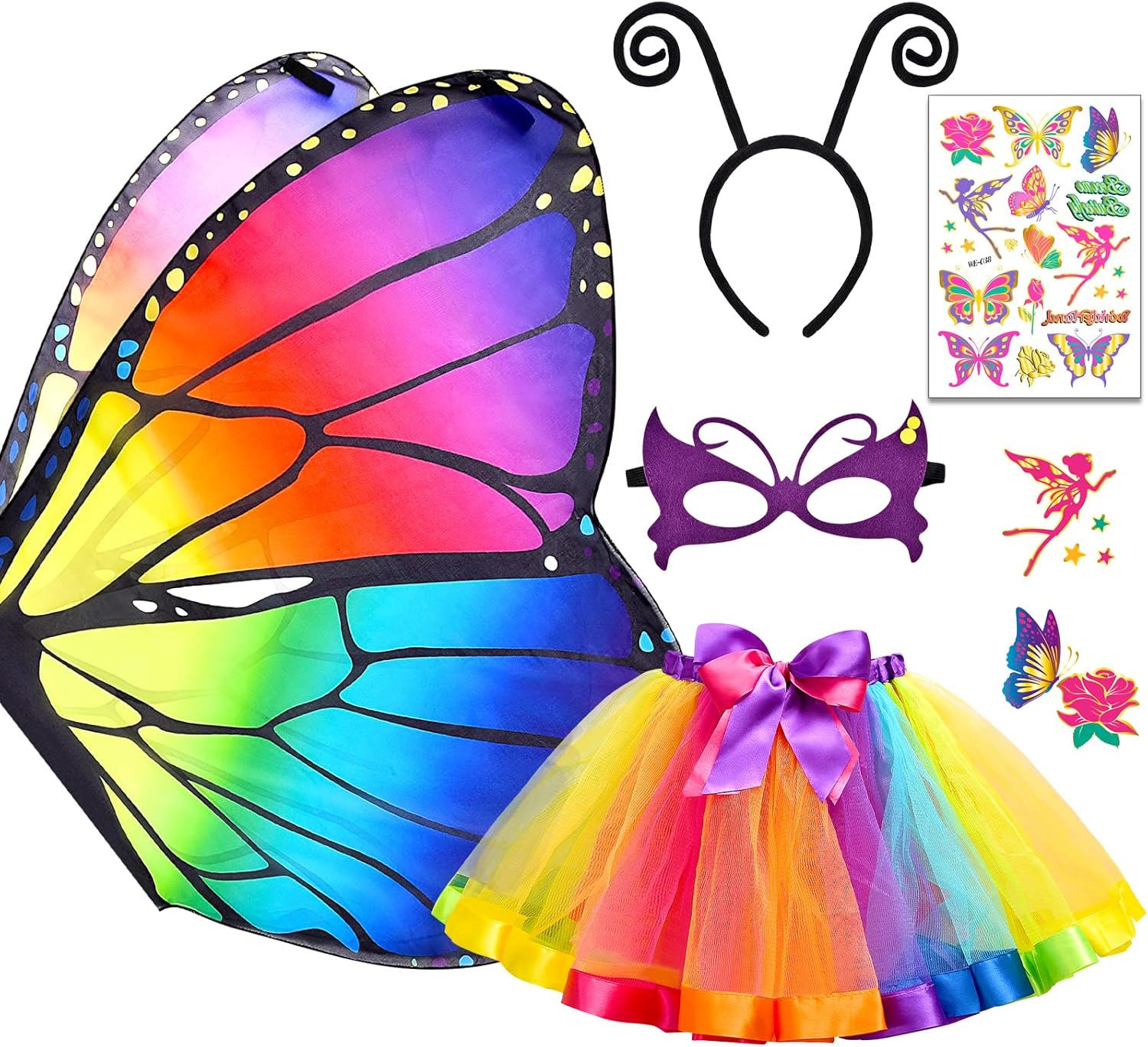Tacobear 5 Piezas Disfraz Mariposa Niña Alas de Mariposa con Máscara Tutu Falda Diadema Tatuajes Capa Mariposa Disfraz de Hada Mariposa para Halloween Fiesta Navidad Carnaval Cosplay
