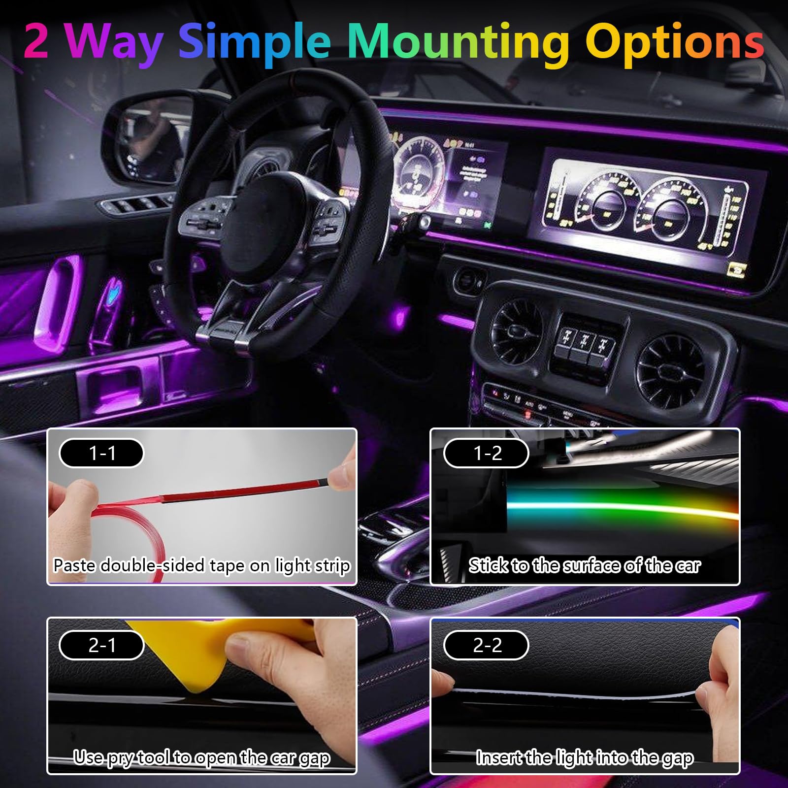 Éclairage LED Intérieur Voiture RGB, Kit de 6 Bandes Lumineuses 445 cm avec 584 LEDs, 16 Millions de Couleurs, 210 Effets, port USB, contrôle musical, APP & télécommande, Lumière d’Ambiance Auto