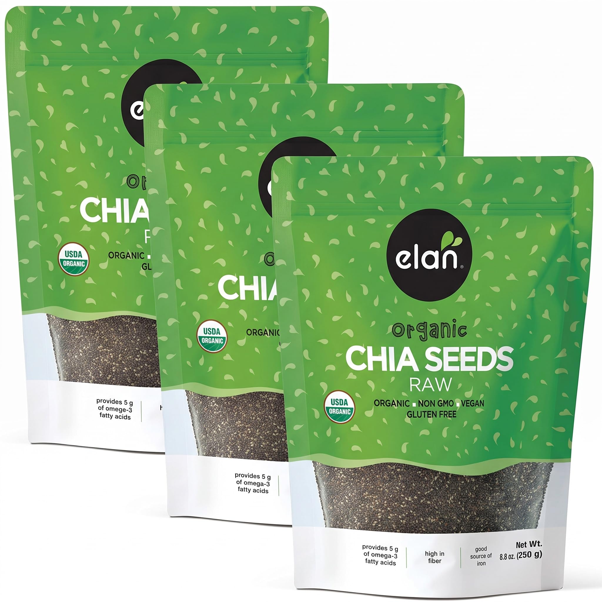 Elan Organic Chia Seeds, 8.8 oz | Raw Black | Pack of 3 | Non-GMO | Vegan