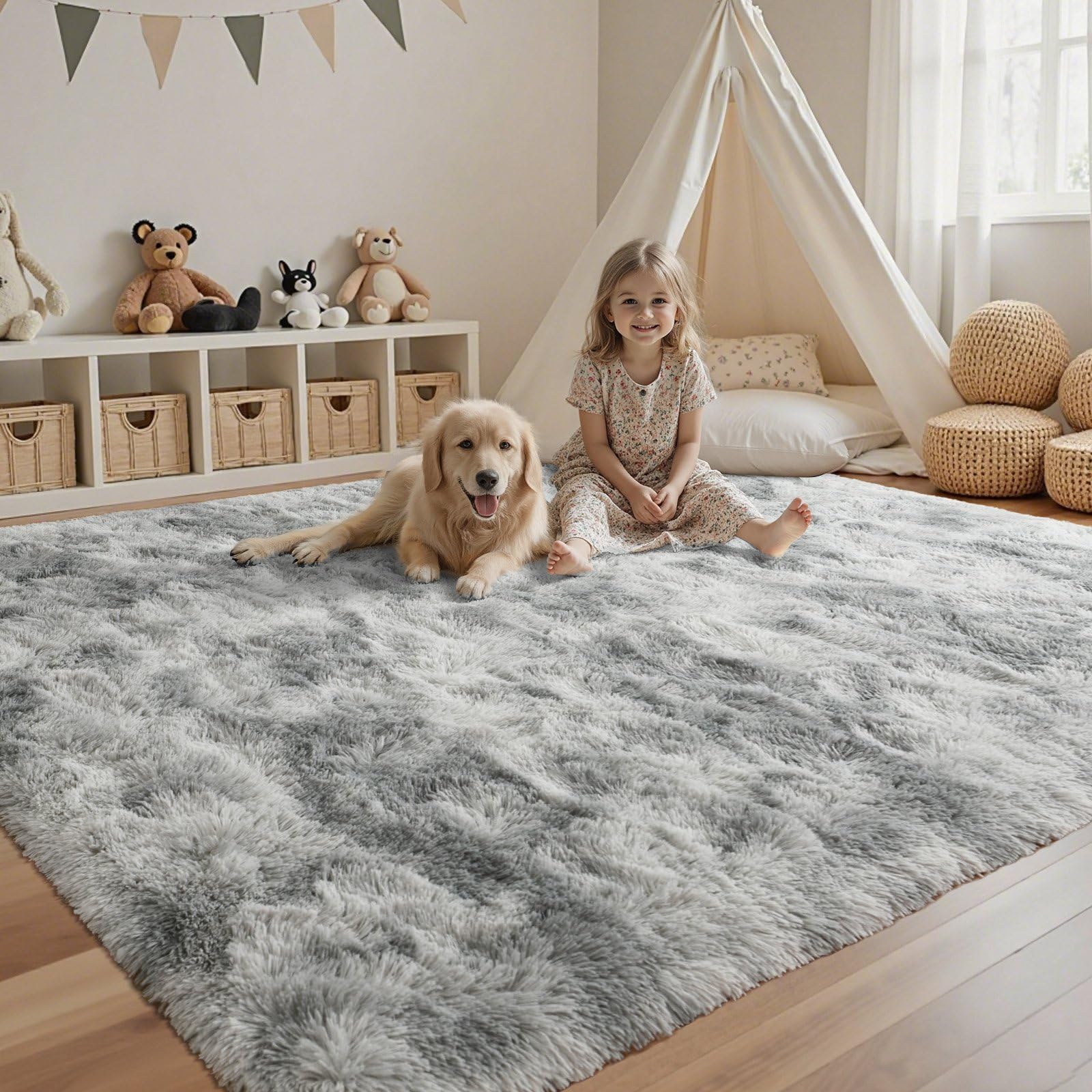 Grey White Rug for Living Room Fluffy 4x6 ft Bedroom Rug Non-Slip Fuzzy Area Rugs Shag Carpet for Nursery Kids Play Room Dorm Office Indoor Soft