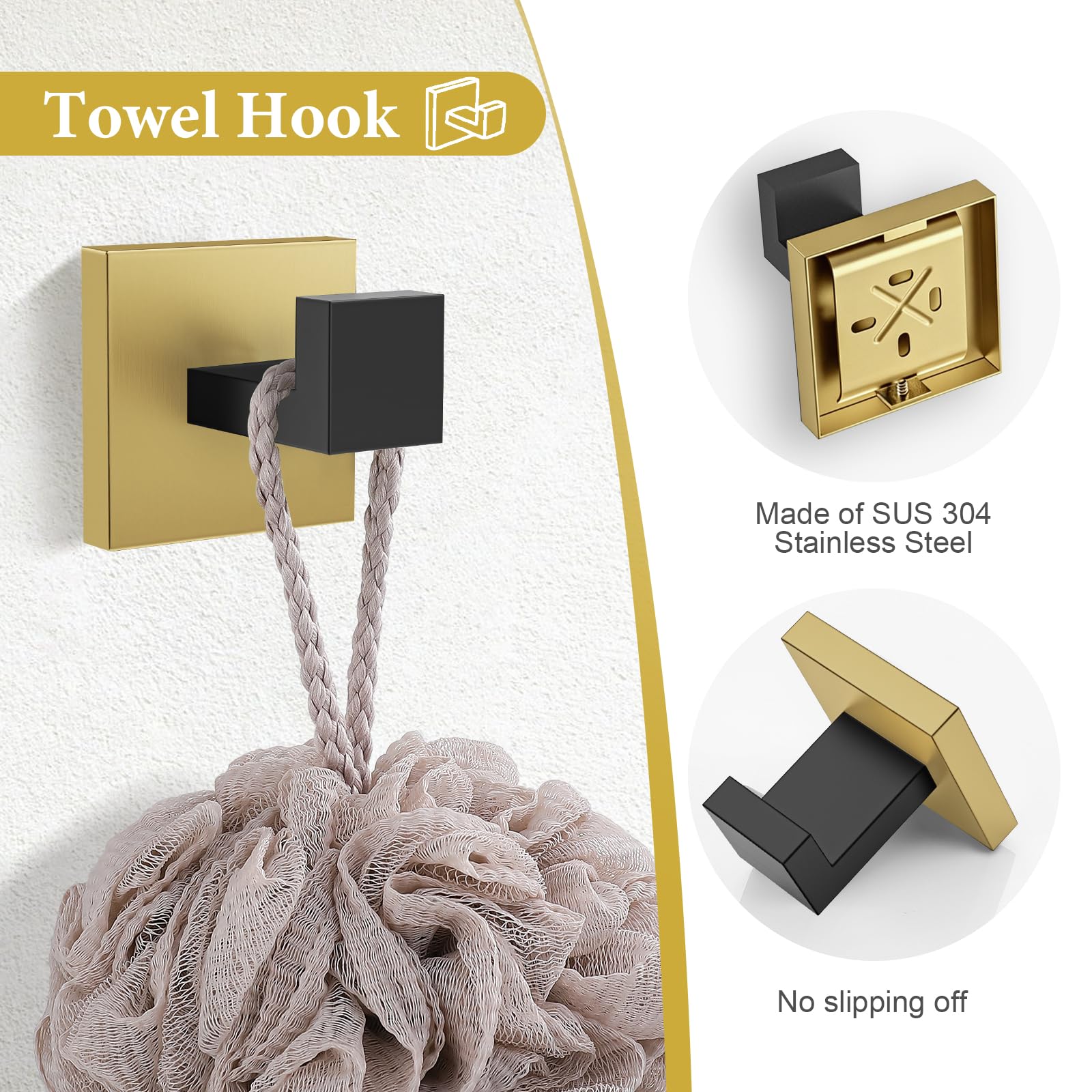 TURS Juego de Accesorios de baño de 4 Piezas, Color Negro y Dorado Cepillado, Juego de Accesorios de baño de Acero Inoxidable montado en la Pared