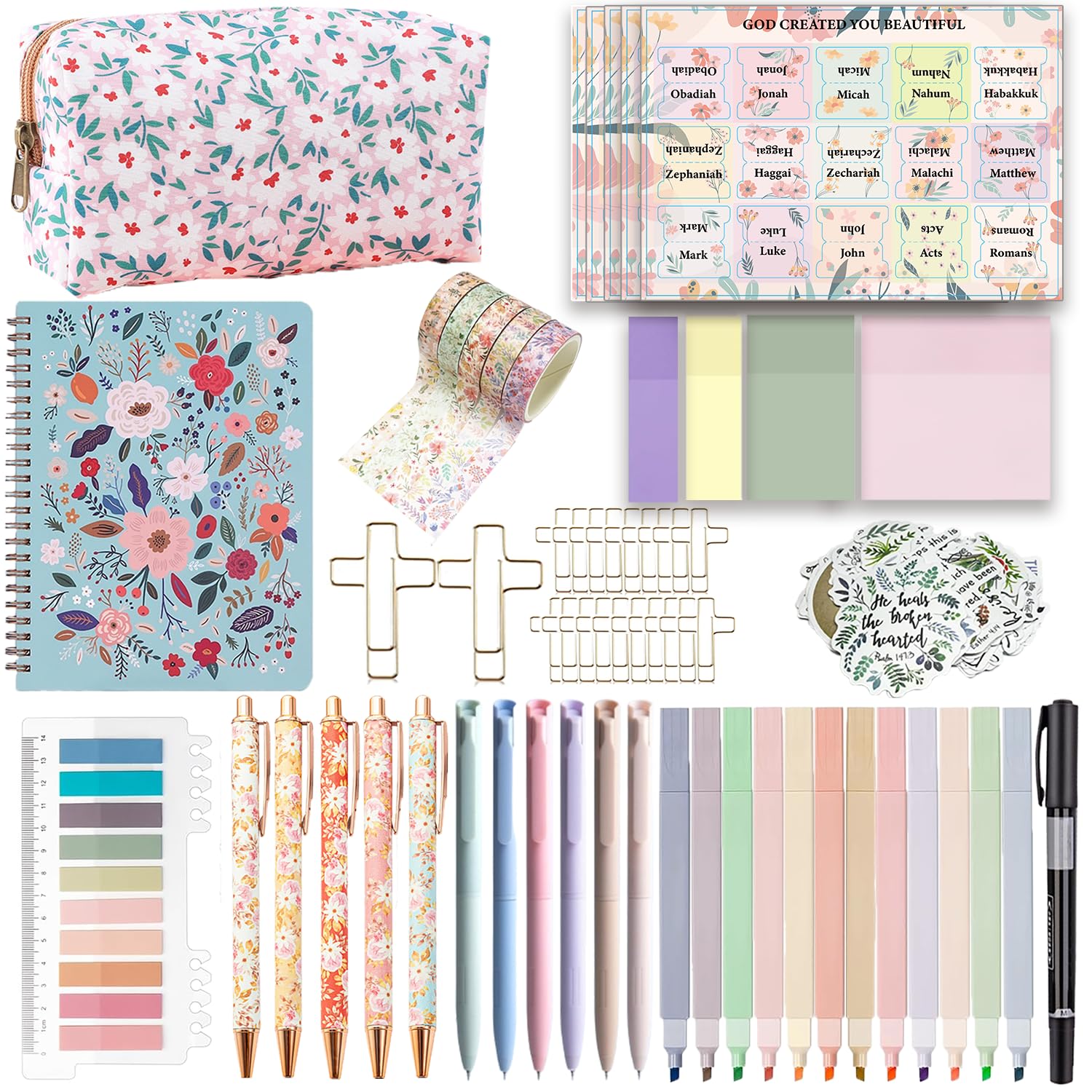 PartyGalore Forniture per lo studio della Bibbia, kit per diario biblico con linguette e quaderni, evidenziatori e penne bibliche senza sanguinamento, kit di studio biblico per donne