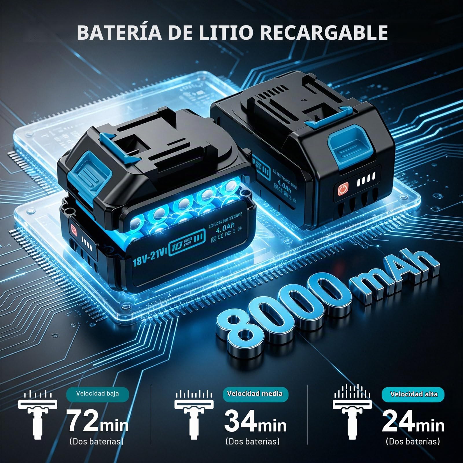 60KPA/700W Aspiradora Sin Cable Potente, 70Mins Escoba Aspiradora Sin Cable con Baterías Desmontables de 2 * 4,0Ah, Cepillo Anti-Enredo,Pantalla LED, para Mascotas/Suelos/Alfombras/Coche