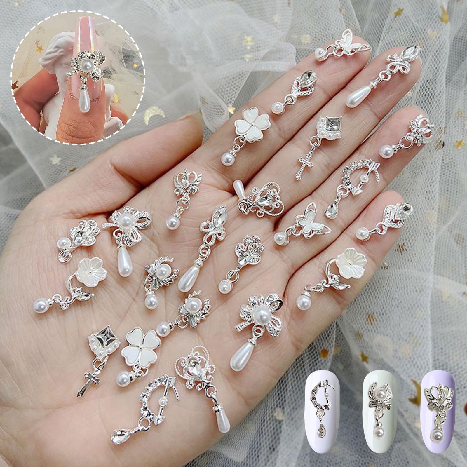OTKARXUS Dangle Nail Charms,20PCS Luxury Butterfly Flower Pearl Bow Nail Gems,3D Silver Alloy Metal Nail Rhinestones and Gems Nail Jewelry for Nail Art Design Decoration (Silver B) - Image 2