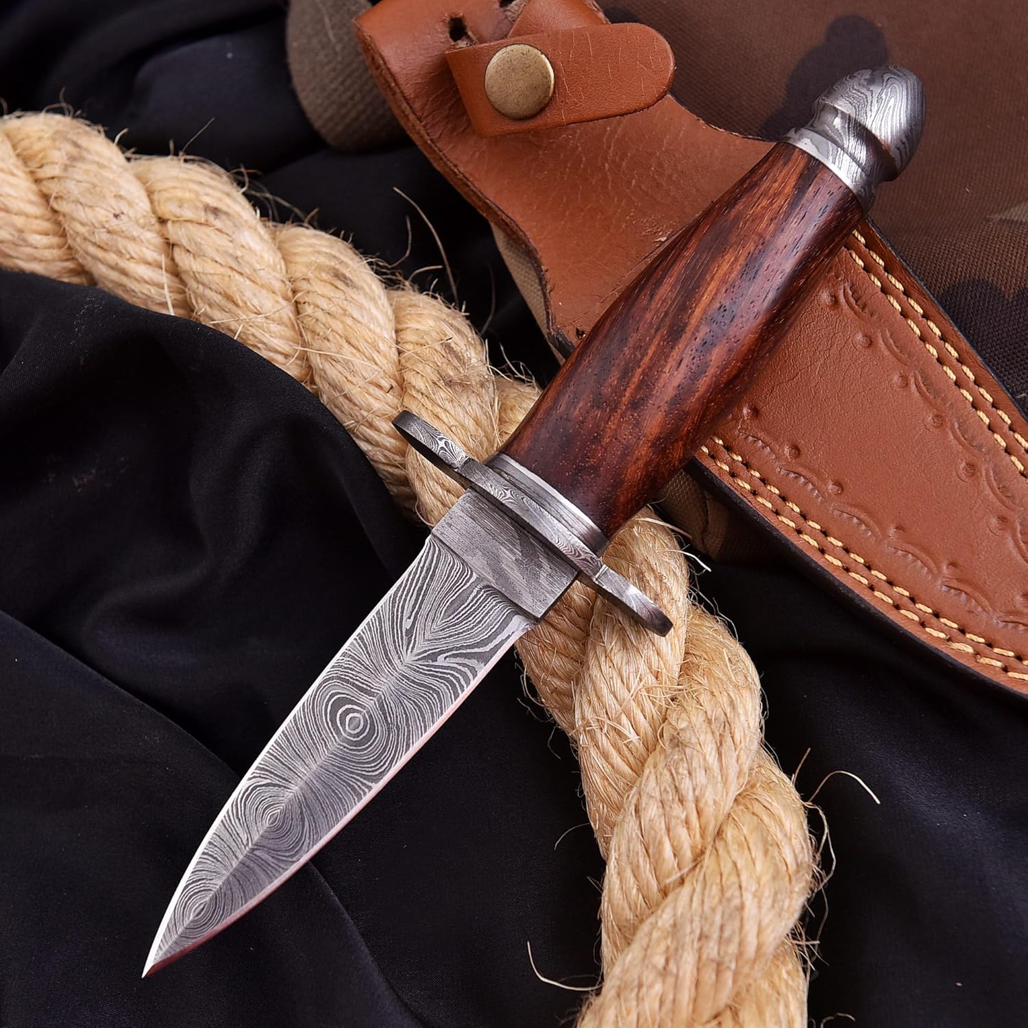 Handmade Damascus Dagger - Double Edge Knife, 8.5 in Edc Fixed Blade for Hunting Wood Handle Leather Sheath (Brown1)