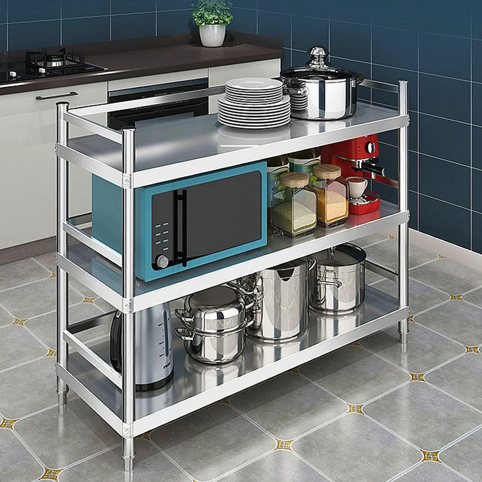 EstanteríA de Cocina EstanteríA para Microondas Muebles Auxiliar de Cocina de Niveles Estante Abierto de Pie con Valla y Almohadilla para Pies Ajustable Acero Inoxidable Plata(110 * 35 * 95)