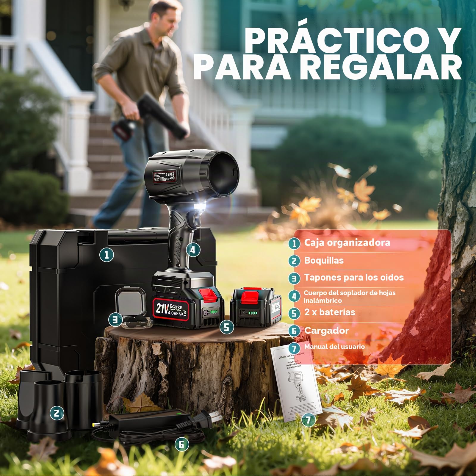 Ecarke Soplador de batería Turbo con 2 baterías de 4000 mAh, motor sin escobillas de 80.000 rpm, velocidad de aire de 60 m/s y 850 g de presión de aire, soplador de hojas portátil para eliminar hojas