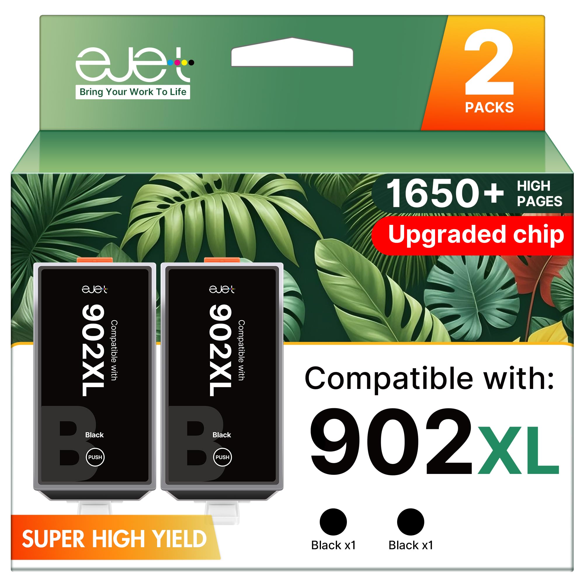 902XL Ink Cartridges for HP Printers Upgraded Replacement for HP 902 Ink Cartridges HP902XL Black Compatible for HP 902 XL Use to Officejet Pro 6978 6968 6958 6970 6962 6960 6975 Printer (2 Pack)