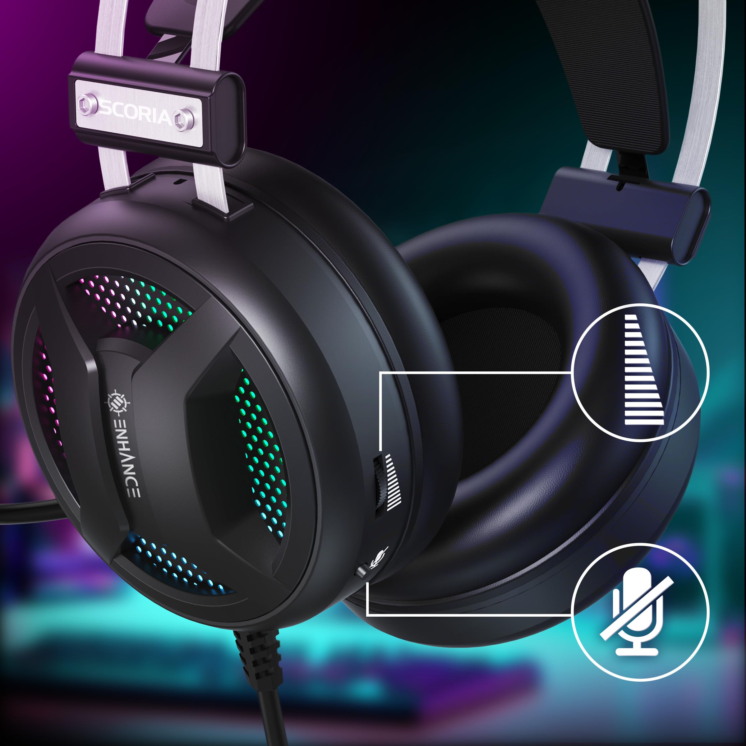 ENHANCE Gaming Scoria 2 Casque Filaire - Casque Gaming avec Son Surround 7.1, Coussinets en Mousse à Mémoire de Forme, Commandes Rapides - Micro Compatible avec PlayStation, PC