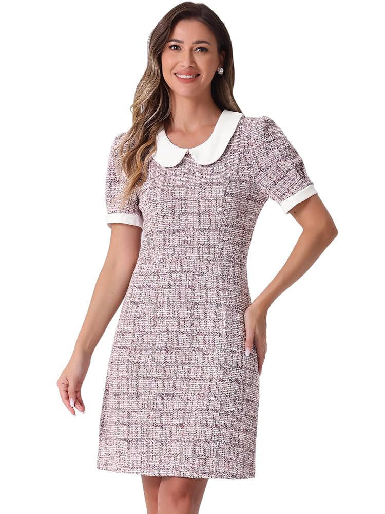 Allegra K Peter Pan Collar Dresses for Women's Plaid Puff