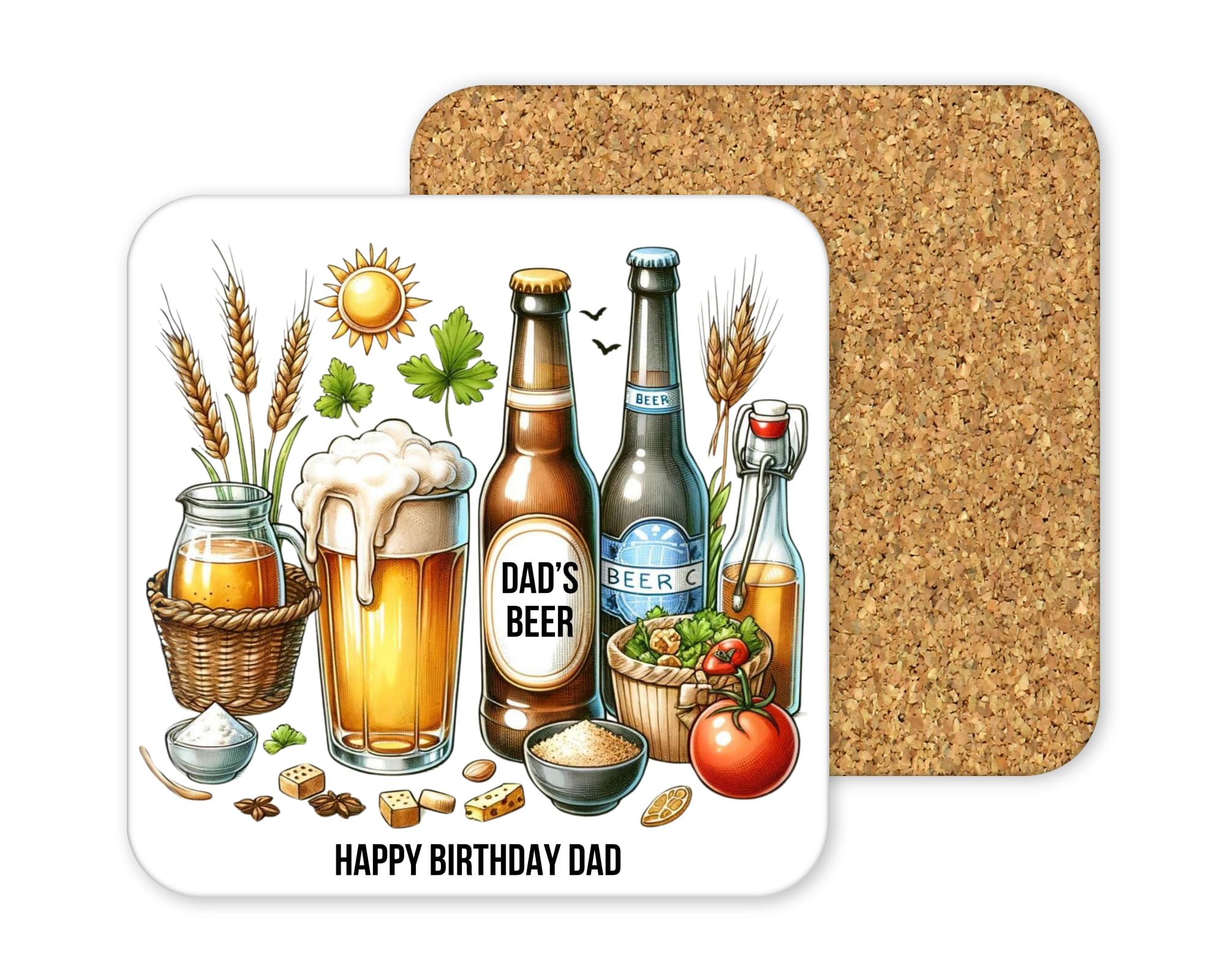 Personalised Cork-Backed Drinks Coaster, Square 9.6cm Drink Mat, Customisable Design for Birthday, Special Occasion Gifts, White Surface with Protective Base (Beer Wheat)
