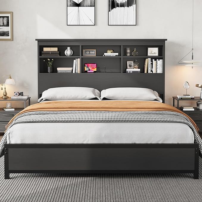 Full Size Bed Frame with Bookcase Headboard, Tall Wooden Bed Headboard Frame with Type-c & USB Charging Station, Under Bed Storage Space, No Box Spring Needed, Black