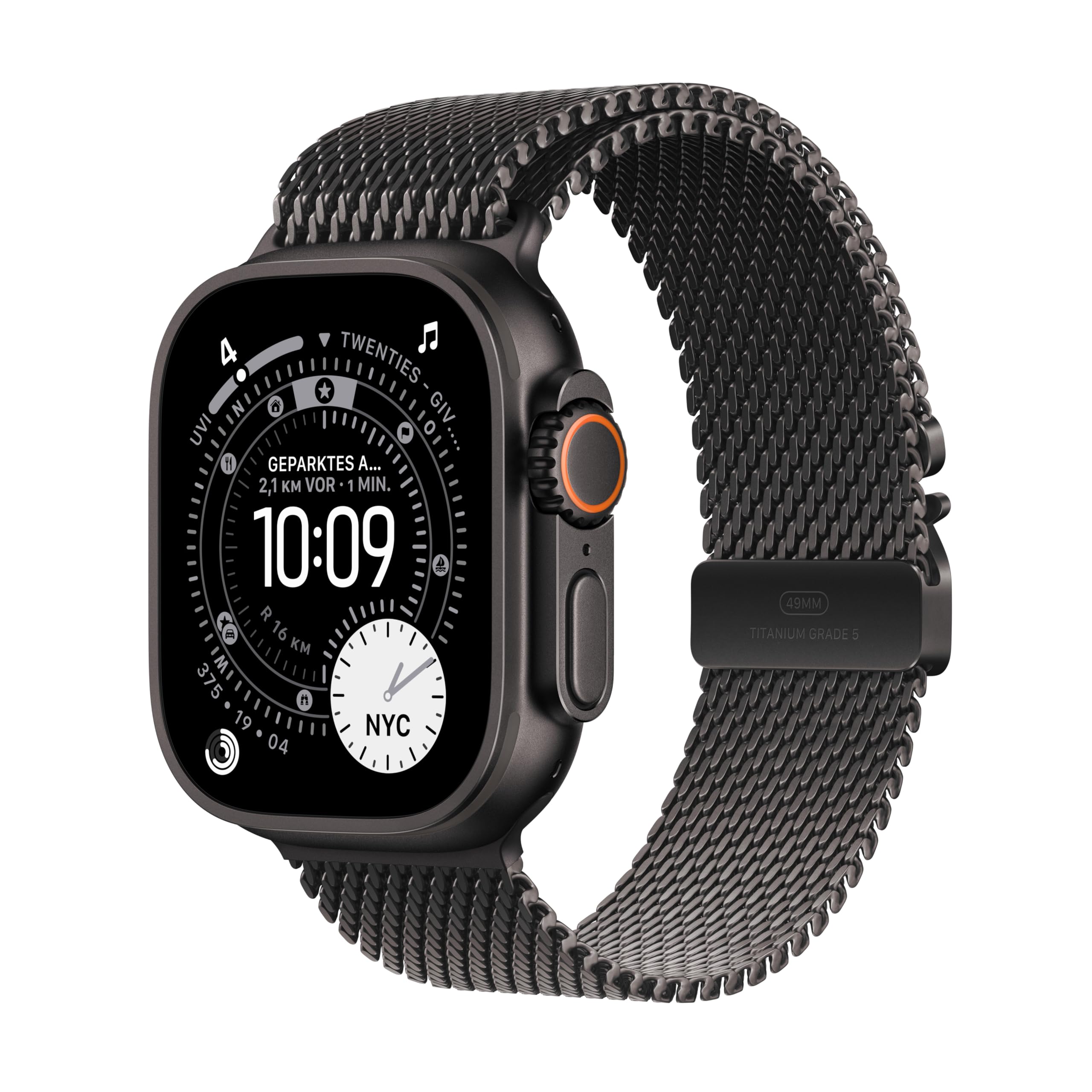 Apple Watch Ultra 3 GPS + Cellular 49 mm Premium Smartwatch für Lauftraining und Kombinationssport mit robustem Titangehäuse in Schwarz und Milanaise Armband in Schwarz (Medium)