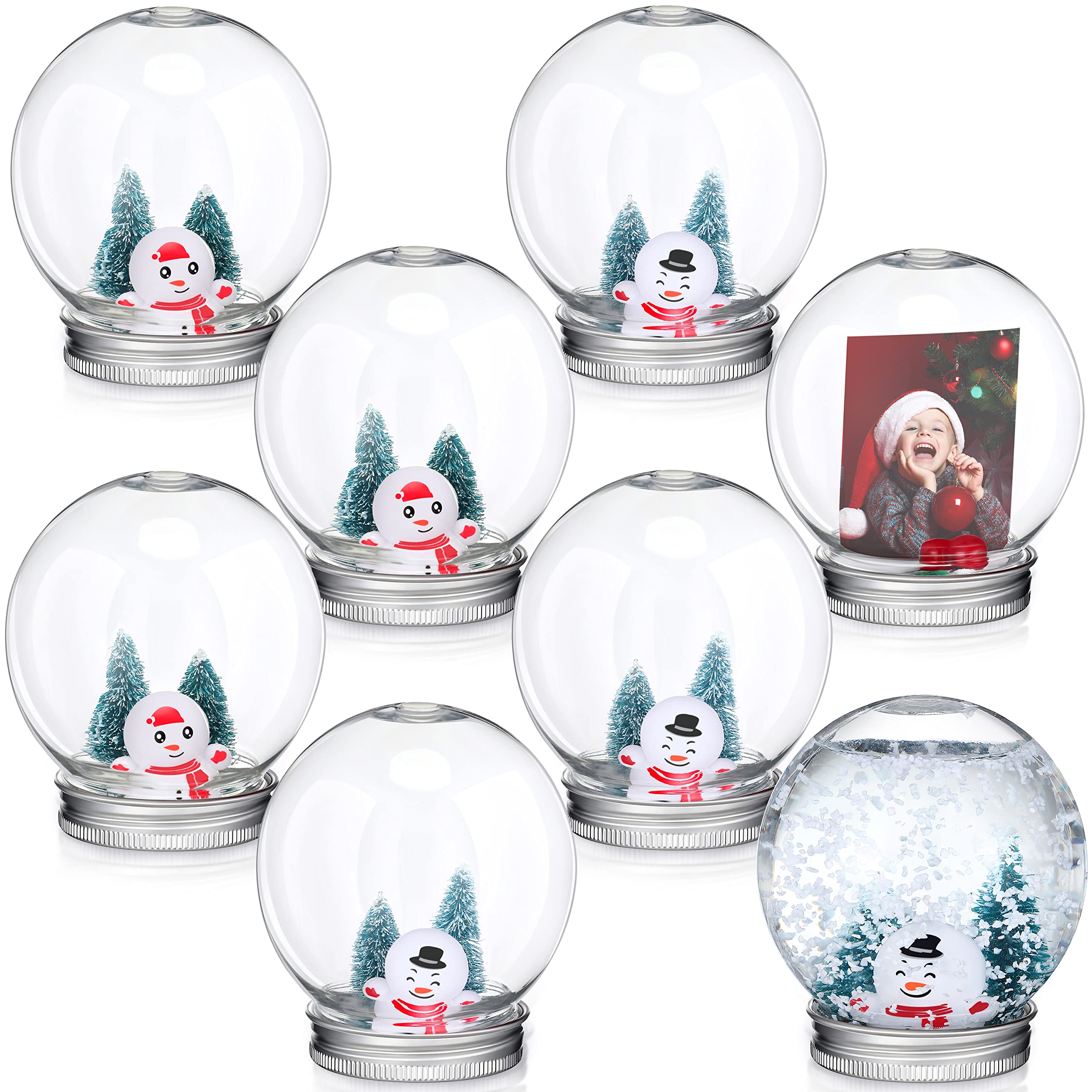 8 Set Christmas Clear Snow Globes Kit Plastic Water Globe with Screw off Cap Artificial Christmas Trees Mini Snowman Snow Flakes for Ornaments Kids DIY Crafts Fillable Snow Globes Home Decoration