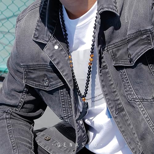 Miniatura 3 de GENASTO Wolf Tooth Necklace Black Obsidian Stone Beads and Tiger Eye Necklace and Tiger Eye Natural Stone Crystal Healing Prayer Necklace for Men