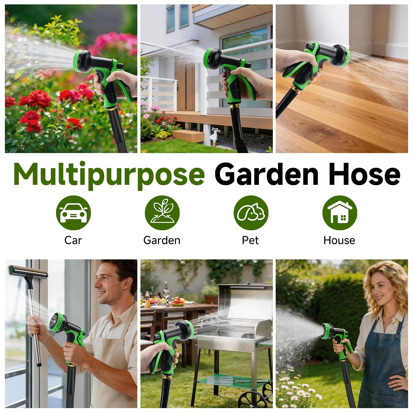 Gartenschlauch, 30 m, nicht dehnbarer, leichter Hochdruck-Wasserschlauch mit 10 Sprühdüsen, tragbar, knickfrei, flexibel, Gartenschläuche für Outdoor, Rasen, Hof, Auto, Haus (500 PSI max., 1,9 cm GHT)