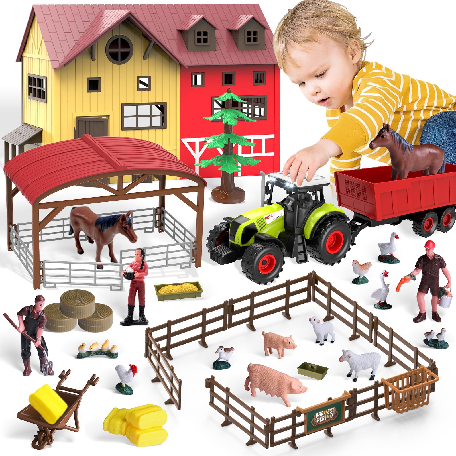 Barn Farm Animal Toys for Kids,Tractor Trailer with Lights & Sound, Farm Barn Playset Horse Stable,Farm Accessories, Pig,Sheep,Goose Duck Birthday