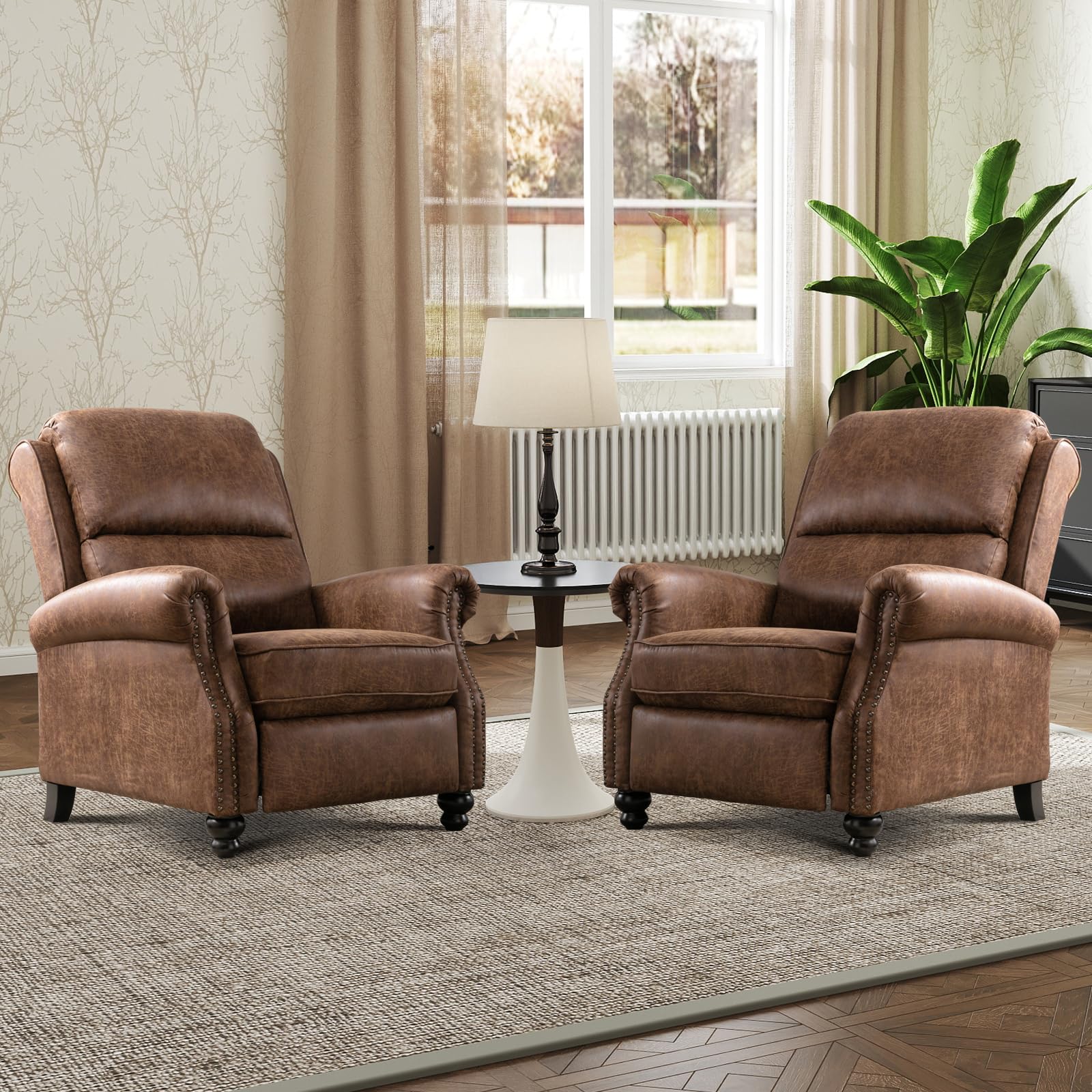 IOMOR Push Back Recliner Chair Faux Leather Lounge Armchair with Rivet Decoration Wingback Single Sofa Chair with Padded Seat Solid Wood Legs for