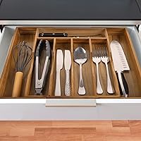 Vista 5 de Organizador de cajones extensible de acacia para cubiertos y utensilios, bandeja de cubiertos de madera de acacia ajustable en cajón para cubiertos