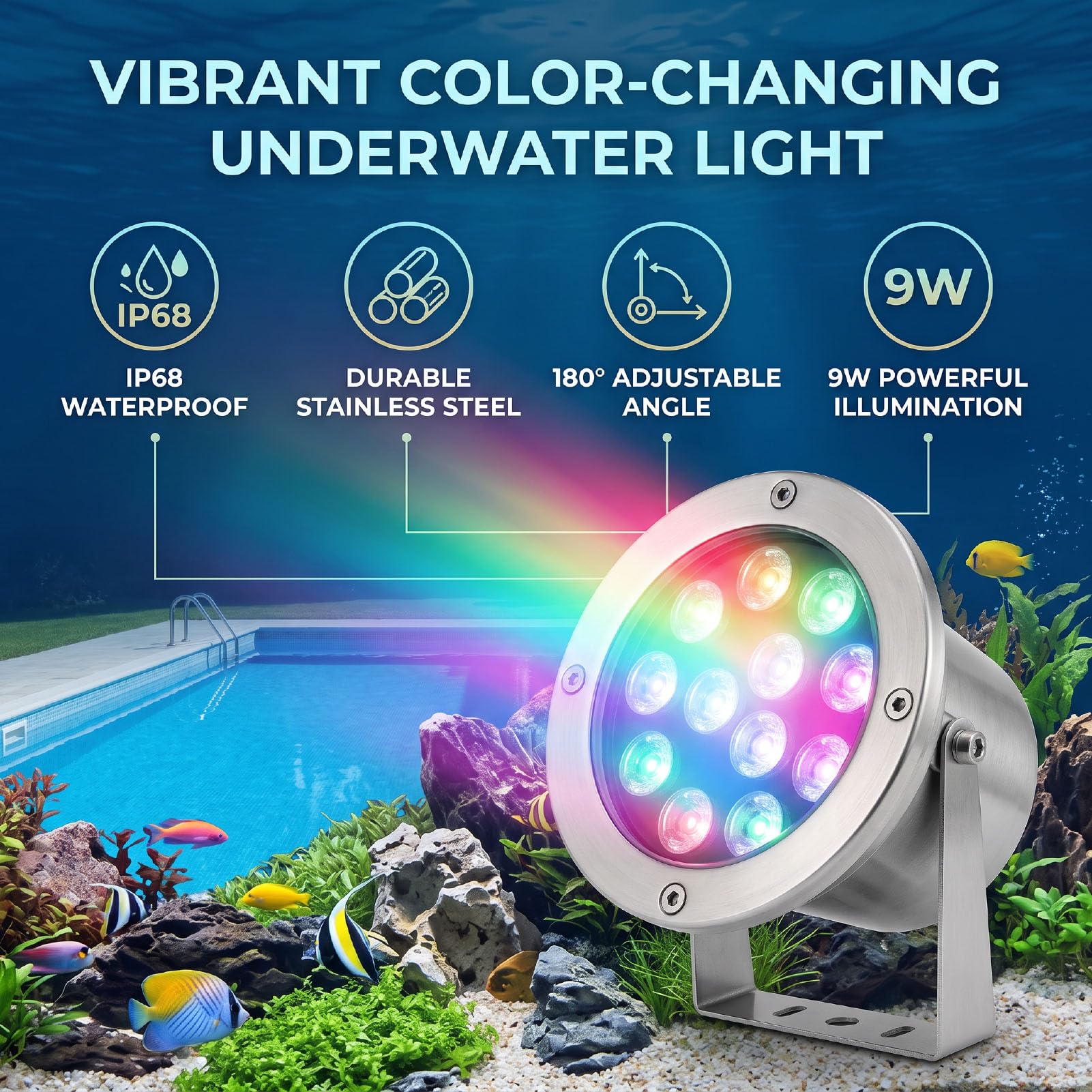 Luz LED Subacuática, Lámpara Sumergible 9W IP68 para Estanque de Peces y