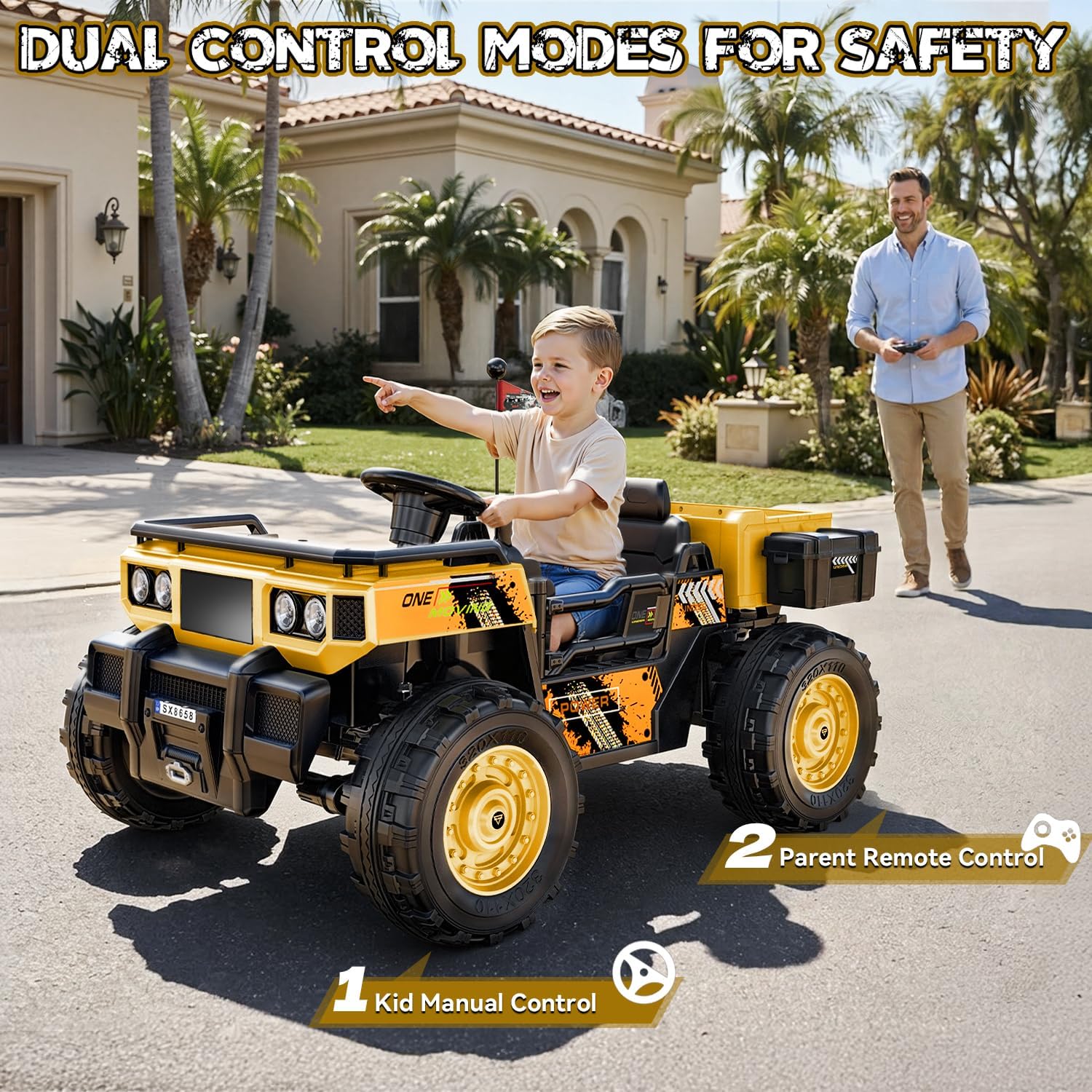  24V 4WD Ride on Dump Truck 2-Seater Ride on Car for Kids 3-8yrs | Electric dump bed, 4X100w motors, Max 4.5 mph & 132lb load, 20" wide seat, shovel, toolbox & cup holder, remote control thumbnail